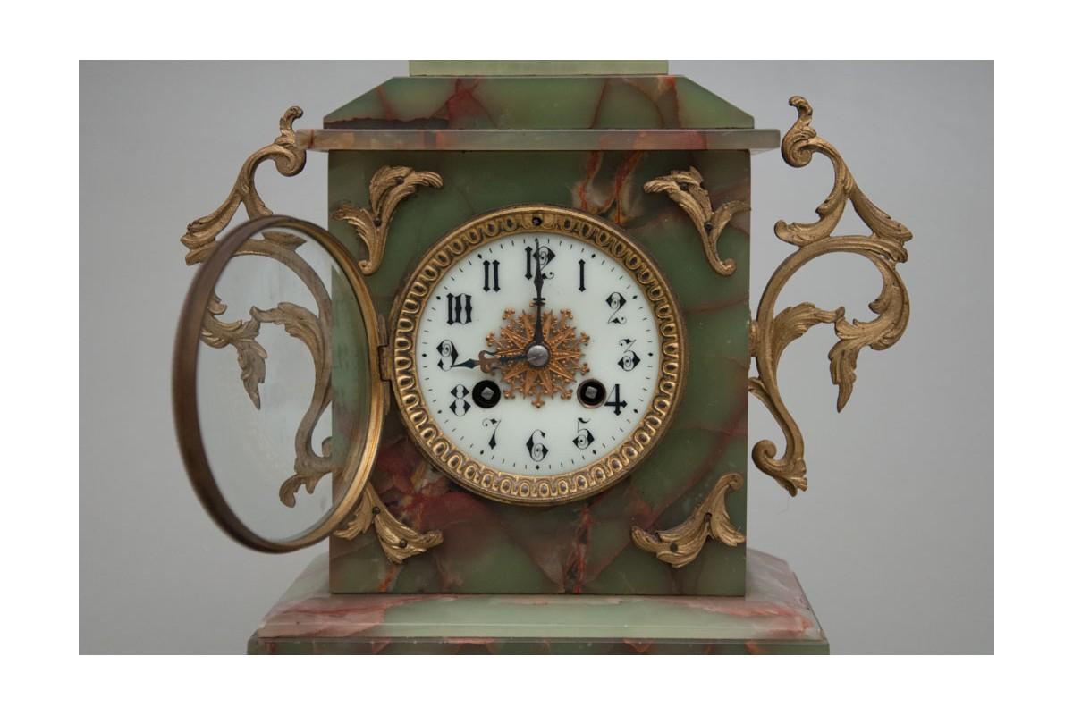 French Onyx Antique Clock with Two Candelabras, France, circa 1900