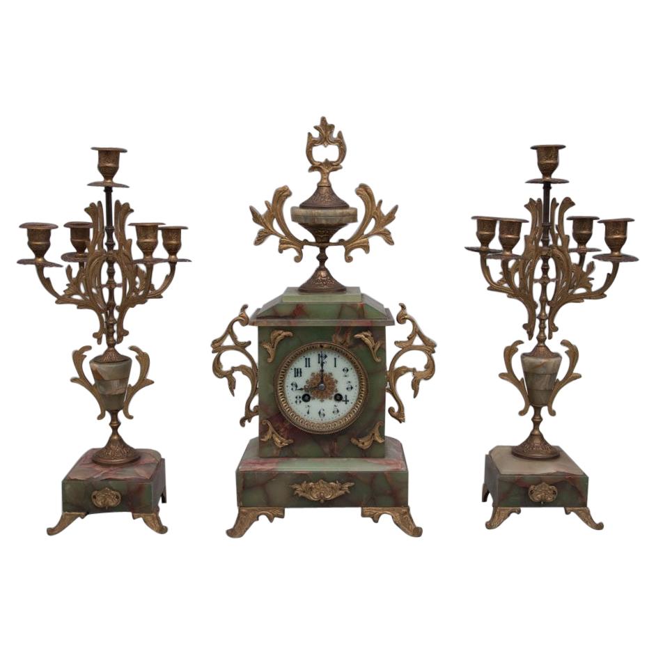 Onyx Antique Clock with Two Candelabras, France, circa 1900