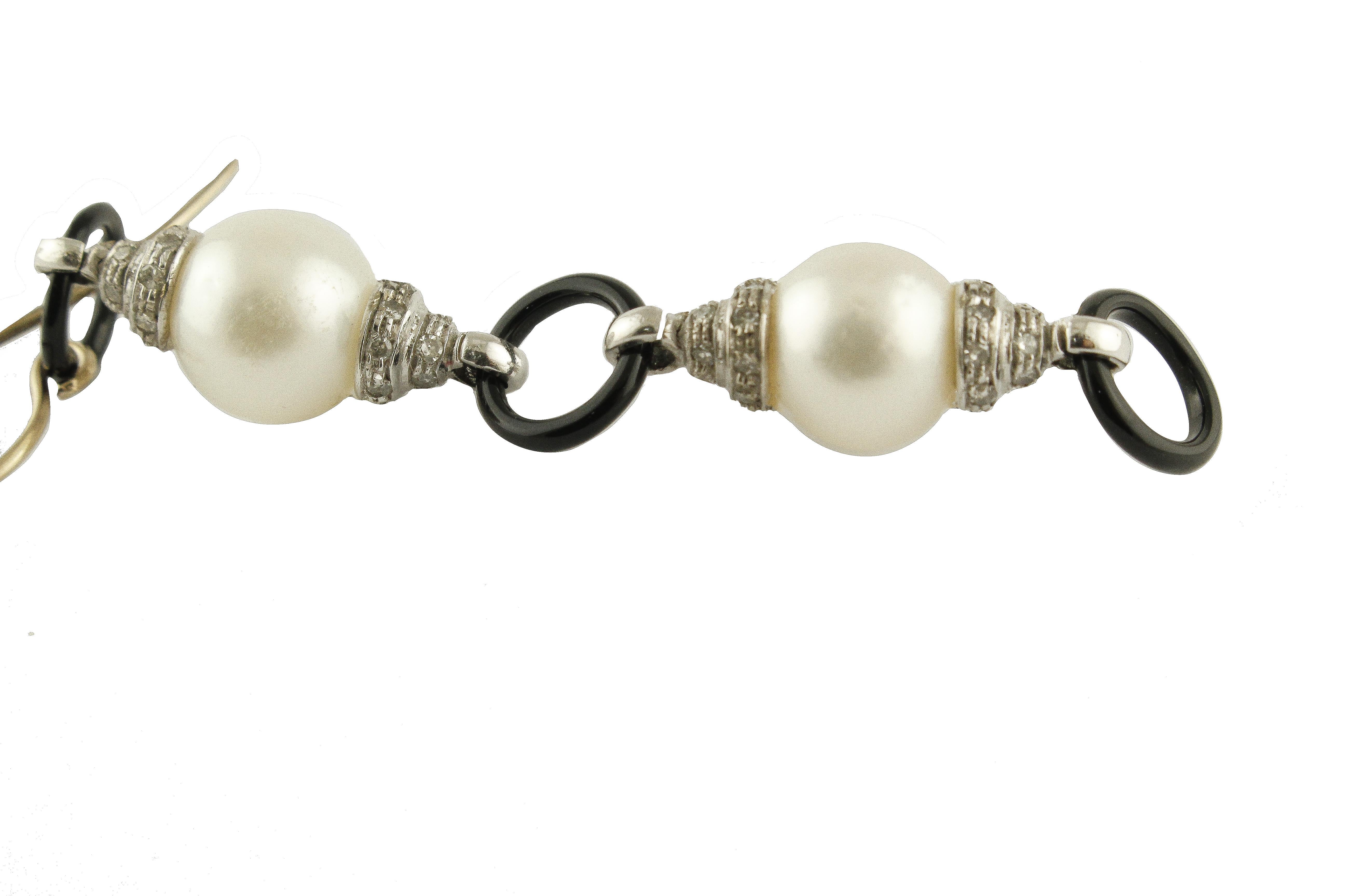 Retro Onyx Australian Pearls Diamonds White Gold Earrings For Sale