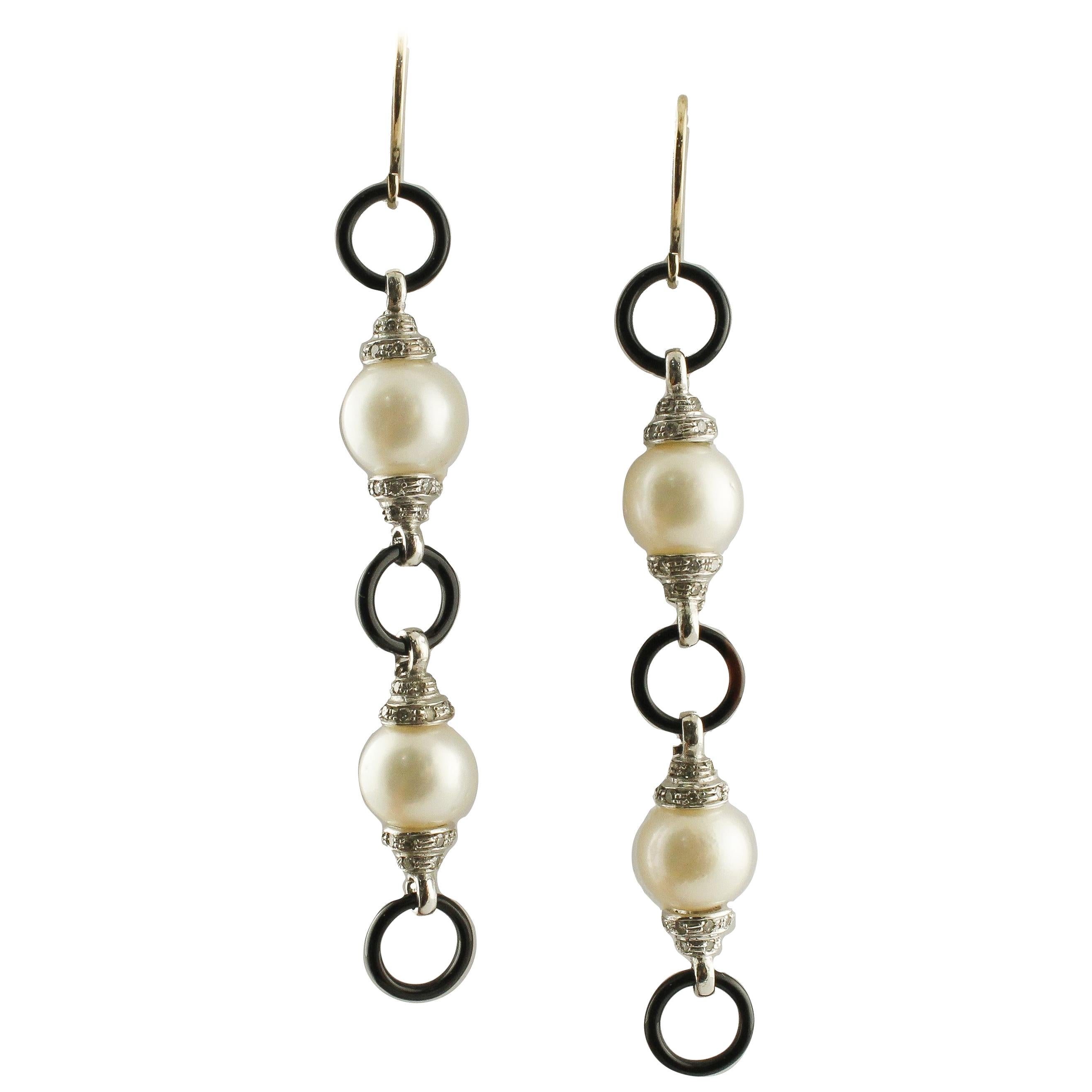 Onyx Australian Pearls Diamonds White Gold Earrings For Sale