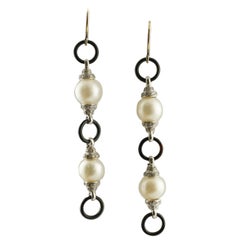 Retro Onyx Australian Pearls Diamonds White Gold Earrings