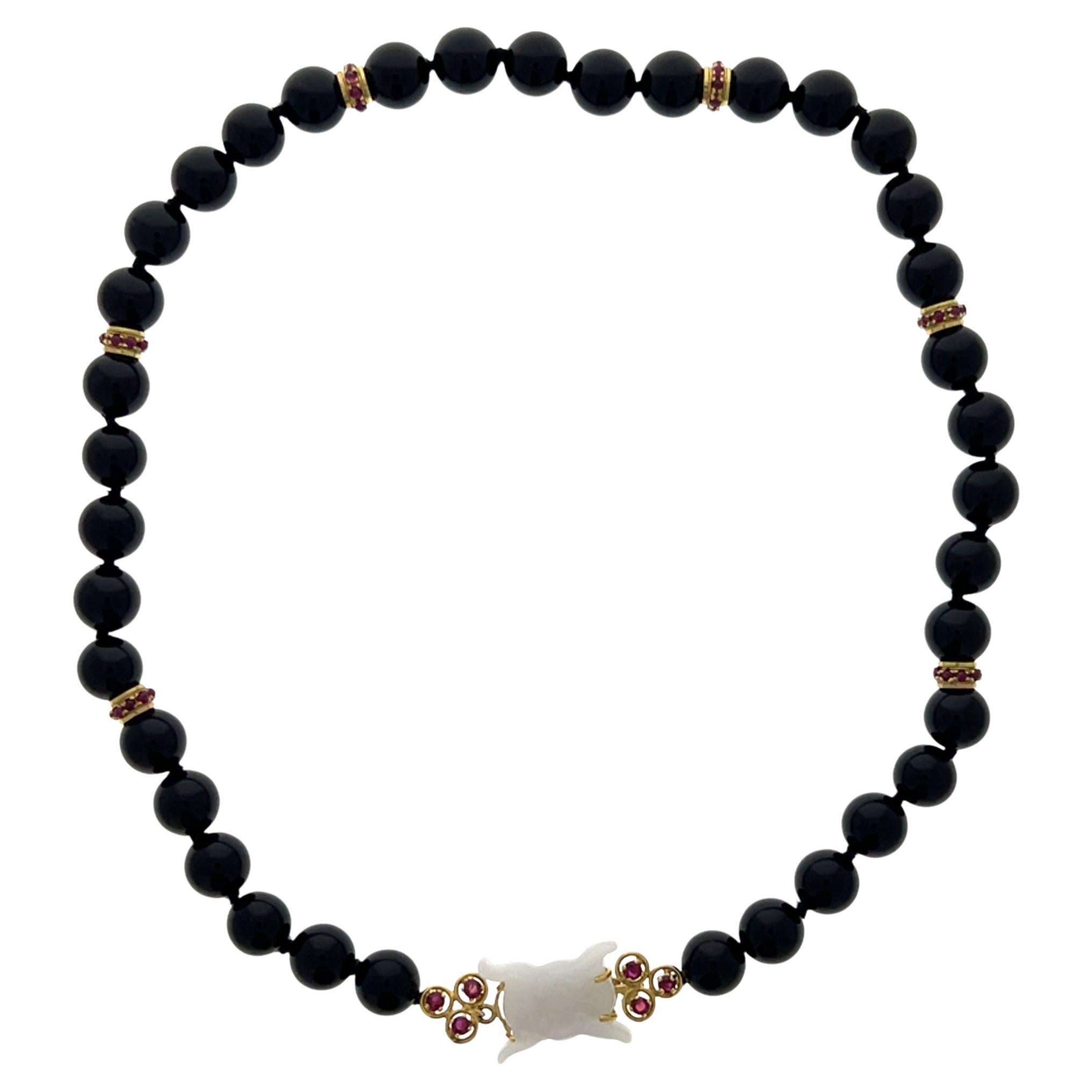Onyx Bead 3.48tcw Ruby and White Jade 18k Yellow Gold Beaded Necklace
