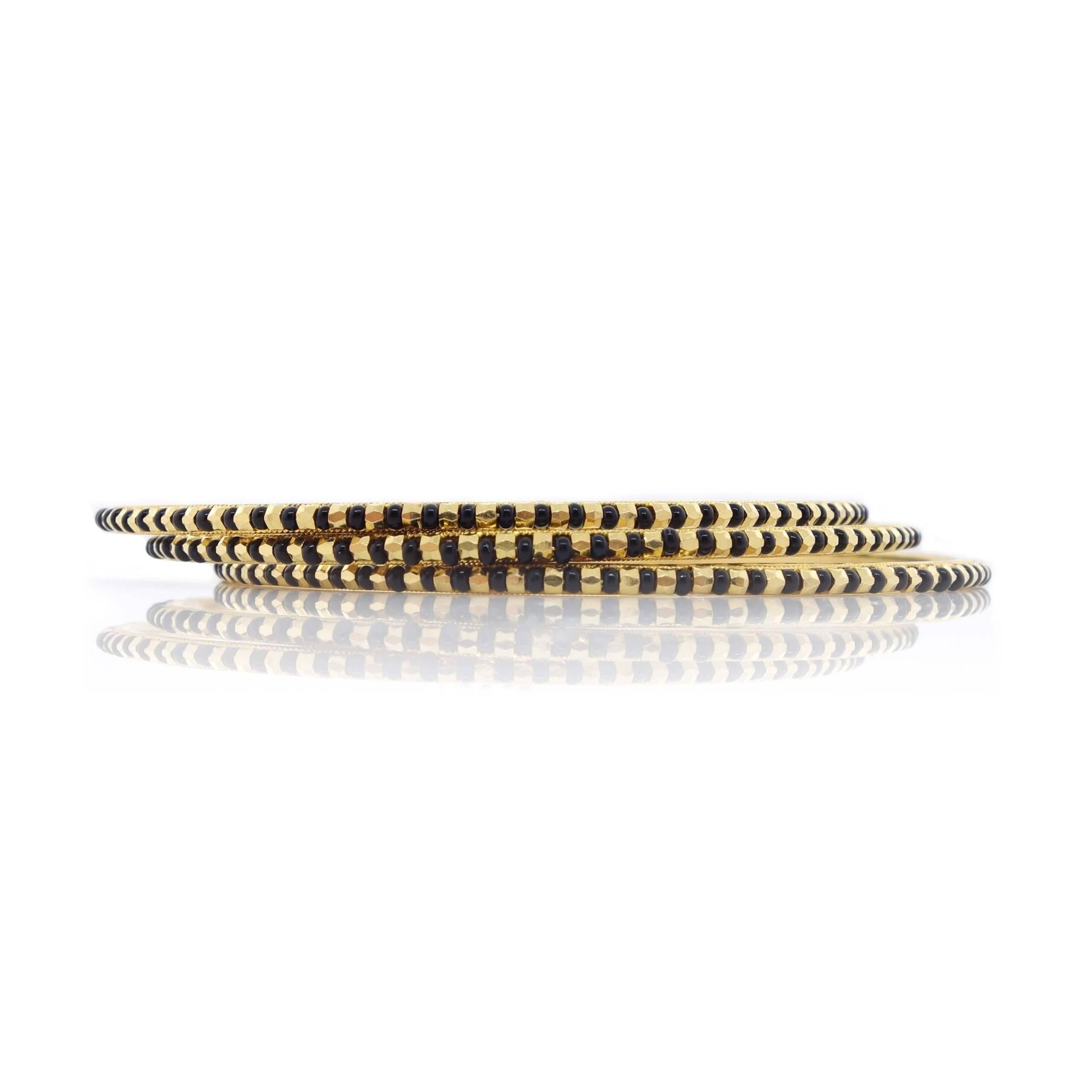 Onyx Bead Bangle Bracelets in 22k Yellow Gold For Sale 1