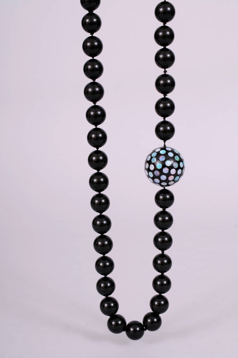 Contemporary Onyx Bead Necklace Featuring an Australian Opal Studded Large Onyx Bead