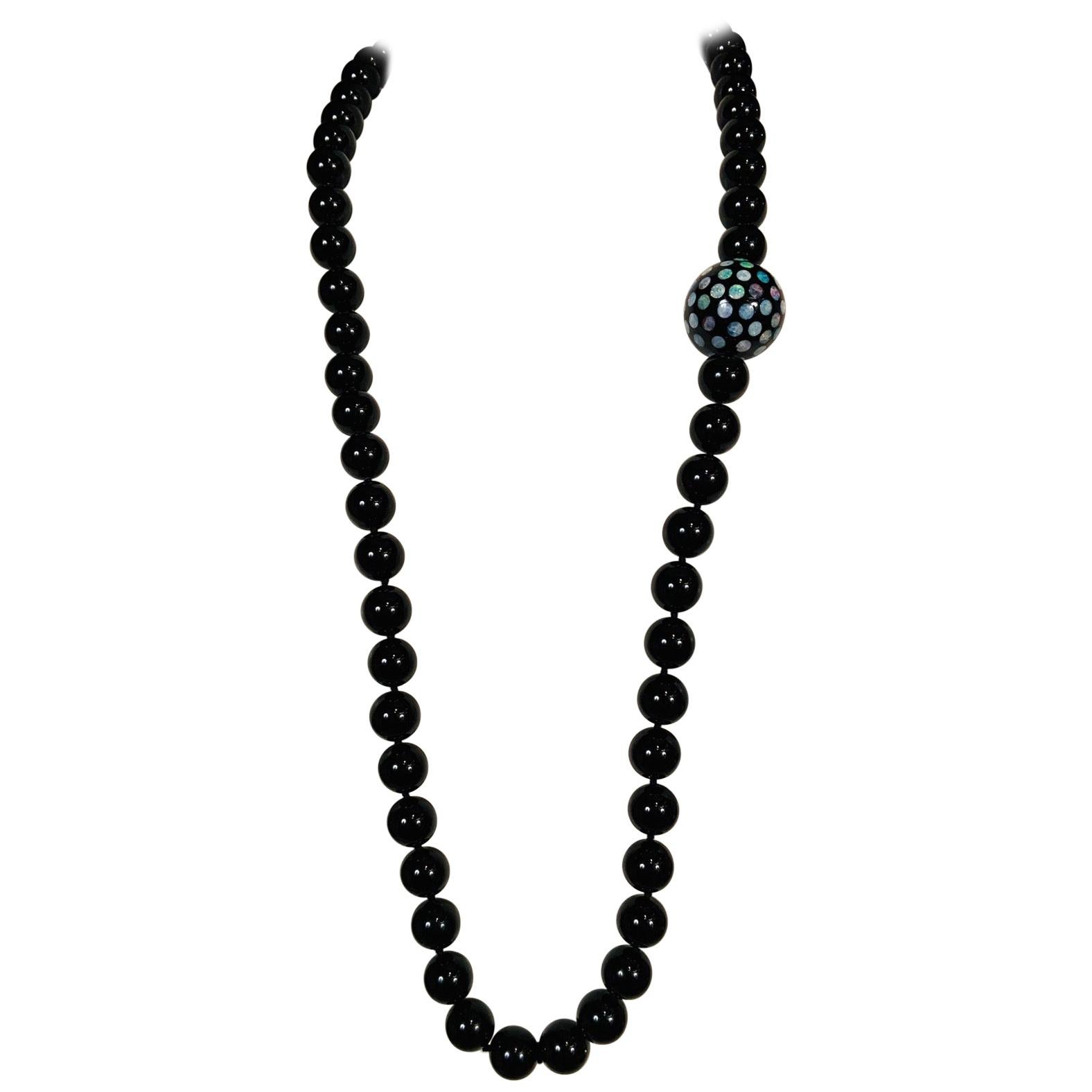 Onyx Bead Necklace Featuring an Australian Opal Studded Large Onyx Bead