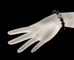 Onyx Beaded Stretch Bracelet with a Diamond Charm, Size 6.5