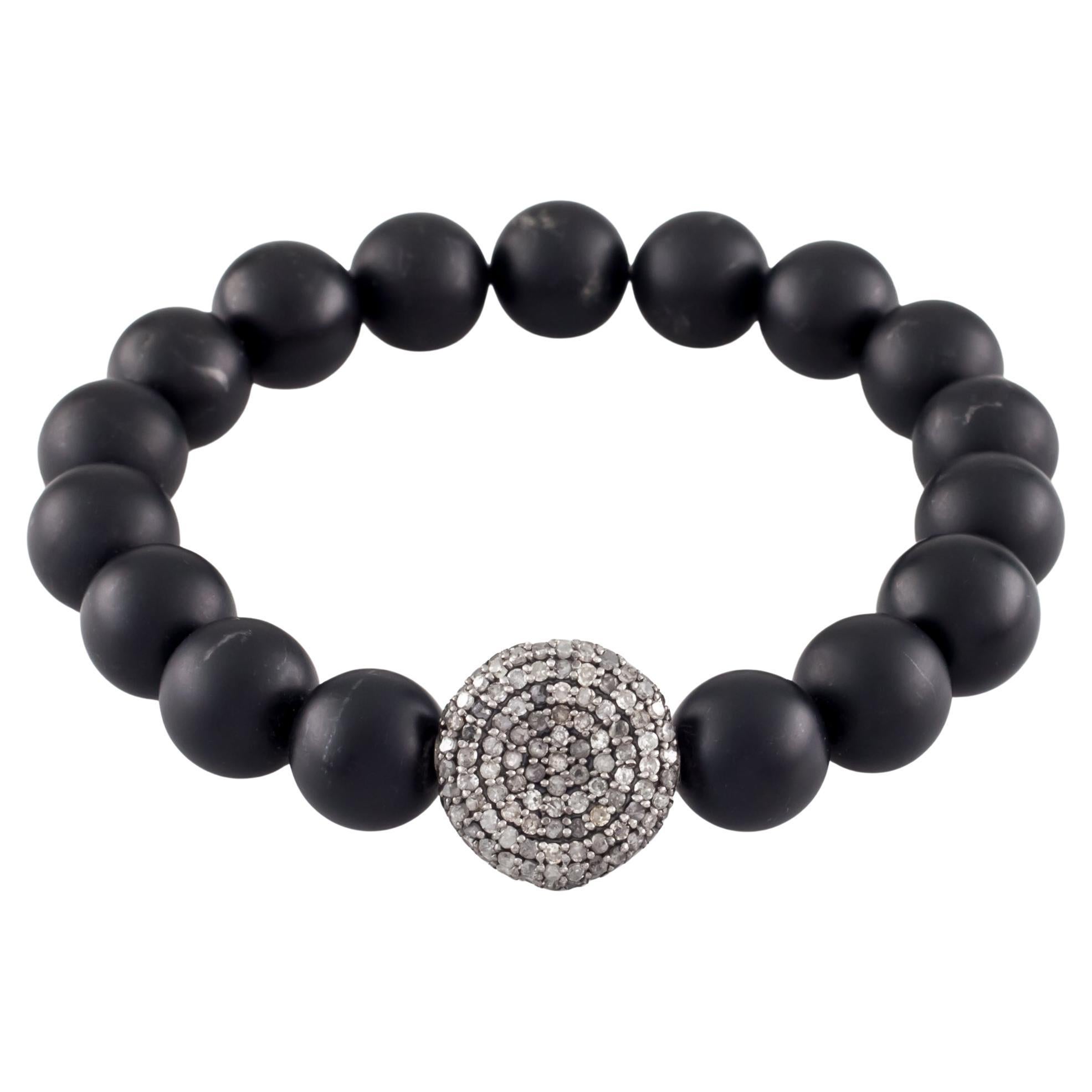 Onyx Beaded Stretch Bracelet with a Diamond Charm, Size 6.5