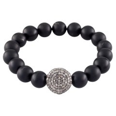 Onyx Beaded Stretch Bracelet with a Diamond Charm, Size 6.5