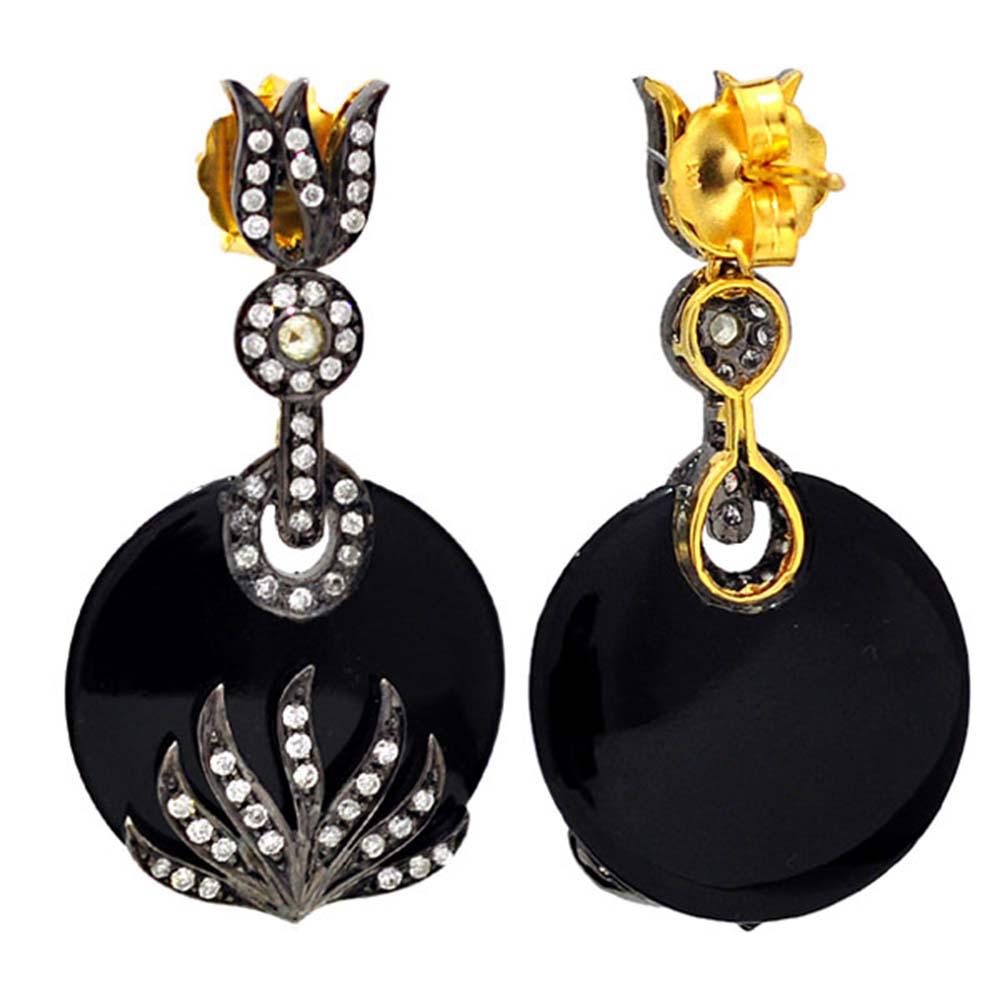 Artisan Black Onyx Dangle Earrings Accented with Diamonds Made in 14k Gold & Silver For Sale