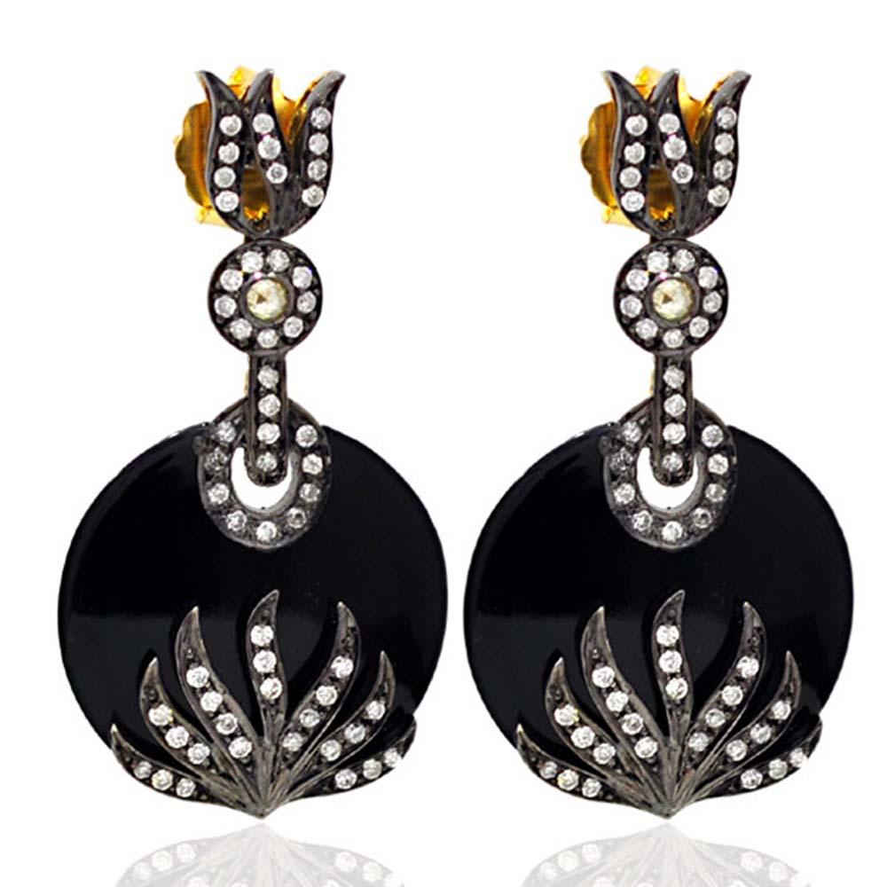 Mixed Cut Black Onyx Dangle Earrings Accented with Diamonds Made in 14k Gold & Silver For Sale
