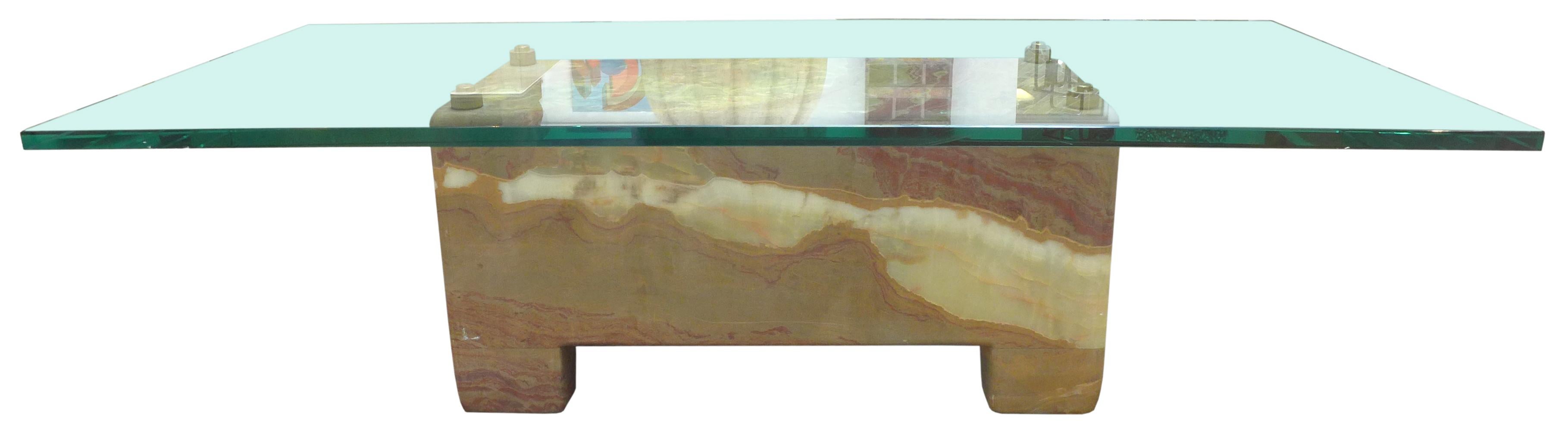 Modern Onyx, Brass and Glass Coffee Table For Sale