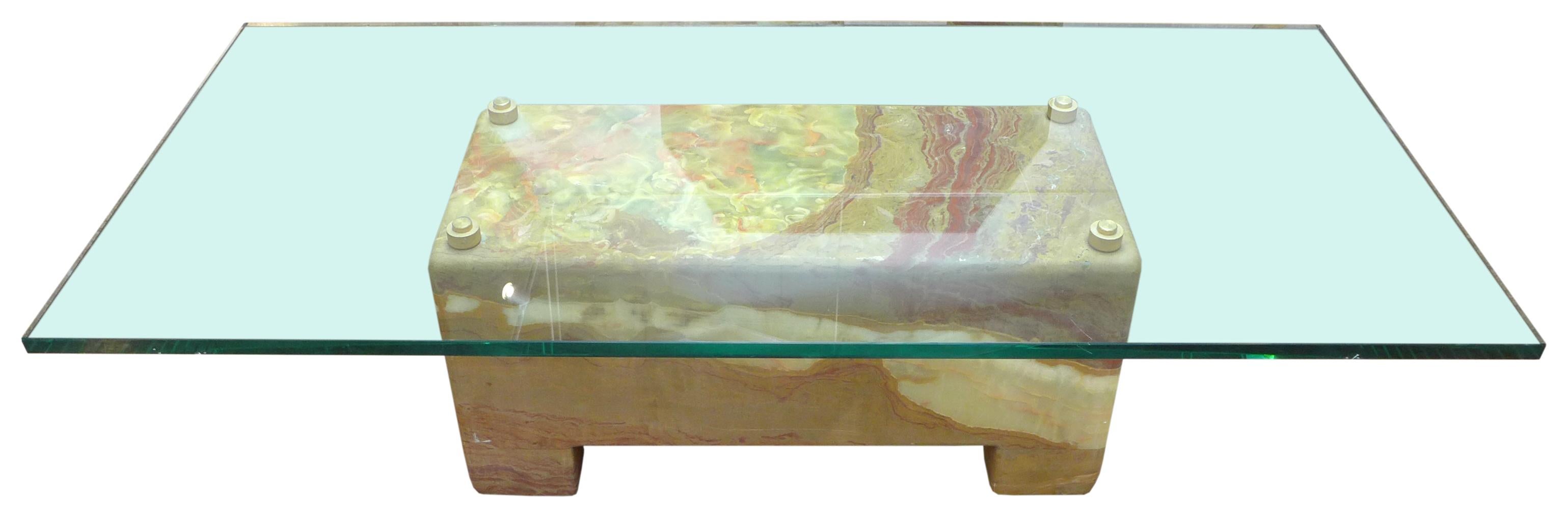 North American Onyx, Brass and Glass Coffee Table For Sale
