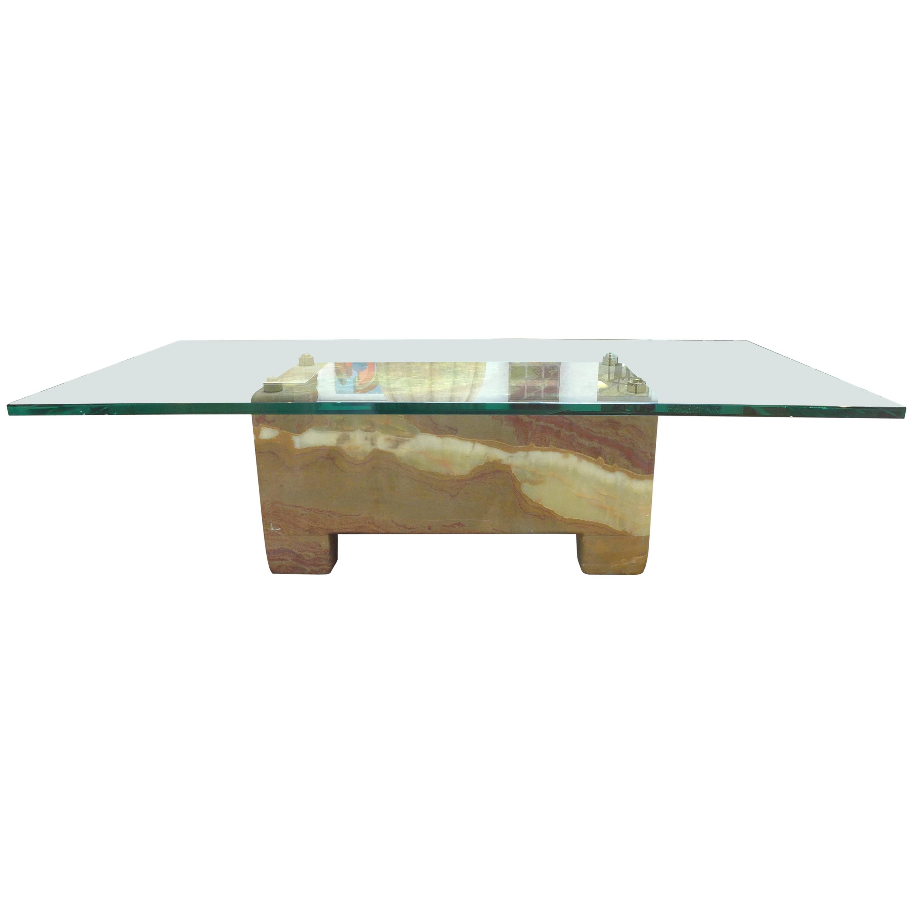 Onyx, Brass and Glass Coffee Table For Sale