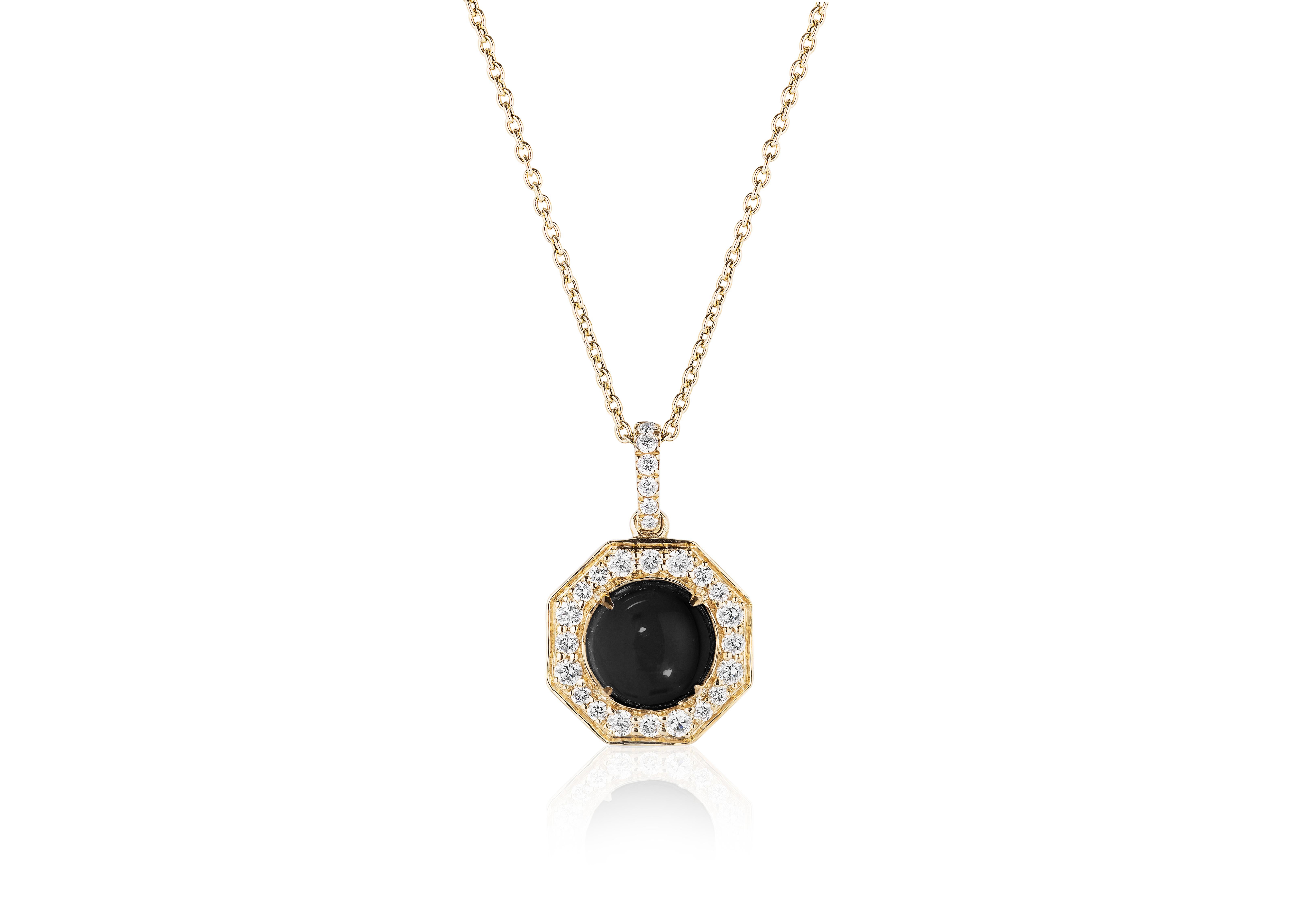 Onyx Cabochon Small Pendant with Diamonds in 18k Yellow Gold, from 'Rock N Roll' Collection

Stone Size: 8 mm

Gemstone Weight: 4.74 Carats

Diamond: G-H / VS, Approx Wt: 0.60 Carats