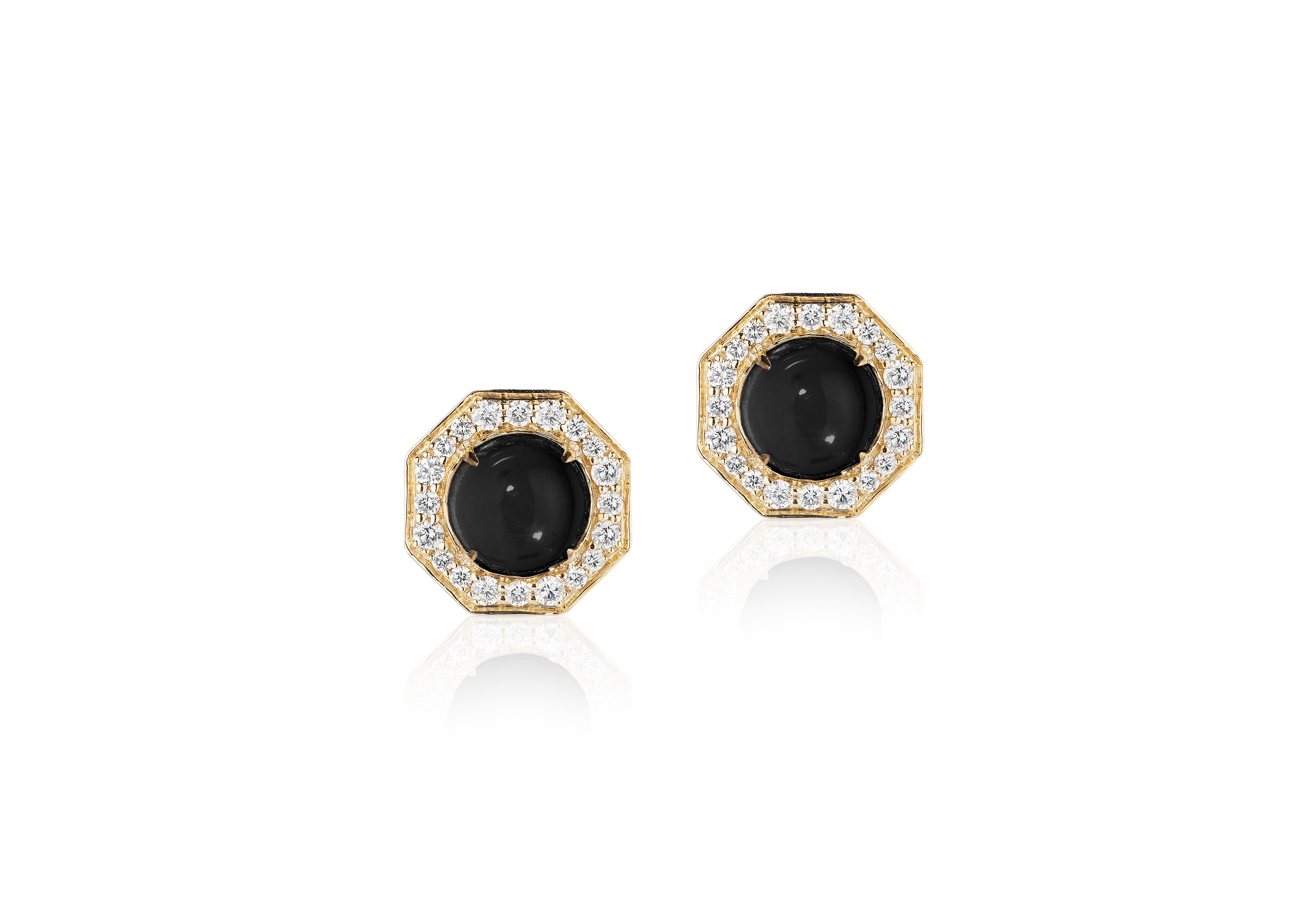 Onyx Cabochon Stud Earrings with Diamonds in 18k Yellow Gold, from 'Rock N Roll' Collection

Stone Size: 8 mm

Gemstone Weight: 4.74 Carats

Diamond: G-H / VS, Approx Wt: 0.60 Carats