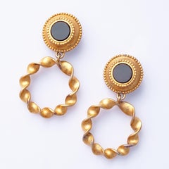 Onyx Cabochon Twisted Drop Hoop Statement Earrings By Karl Lagerfeld, 1980s