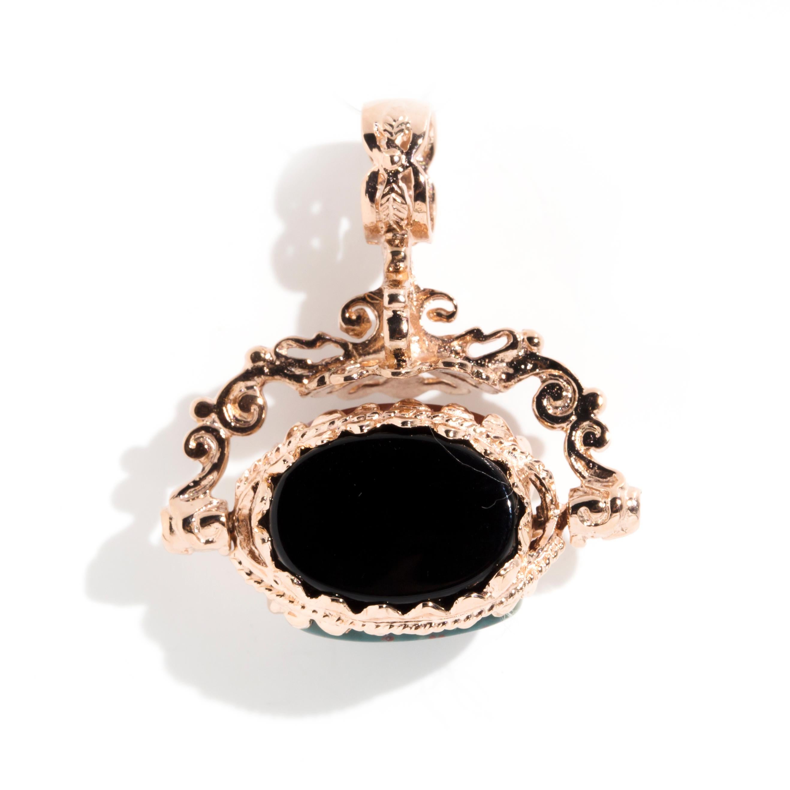 Onyx Carnelian and Bloodstone Fob Chain Spinner Pendant in 9 Carat Rose Gold 3