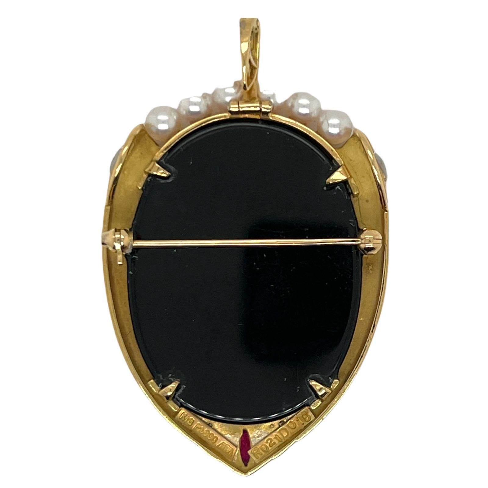 Victorian Onyx Carved Cameo Diamond Ruby 18 Karat Yellow Gold Pin Pendant