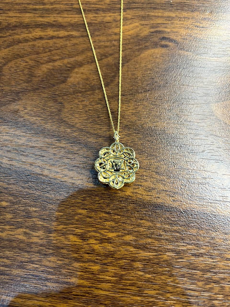 Mixed Cut Onyx Champagne Brown Cognac Diamond Halo Floral Petal 14K Gold Pendant Necklace For Sale
