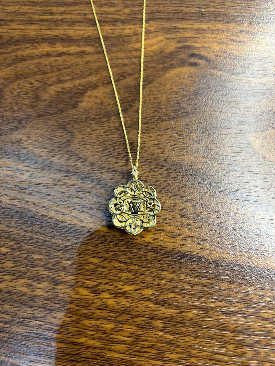 Onyx Champagne Brown Cognac Diamond Halo Floral Petal 14K Gold Pendant Necklace In New Condition For Sale In Oakton, VA