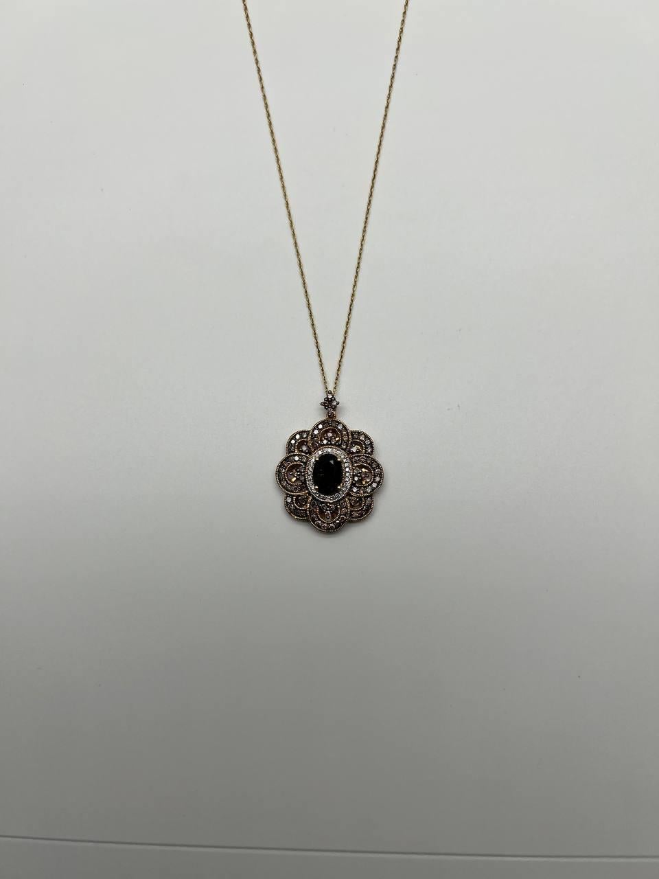 Onyx Champagne Brown Cognac Diamond Halo Floral Petal 14K Gold Pendant Necklace For Sale 2