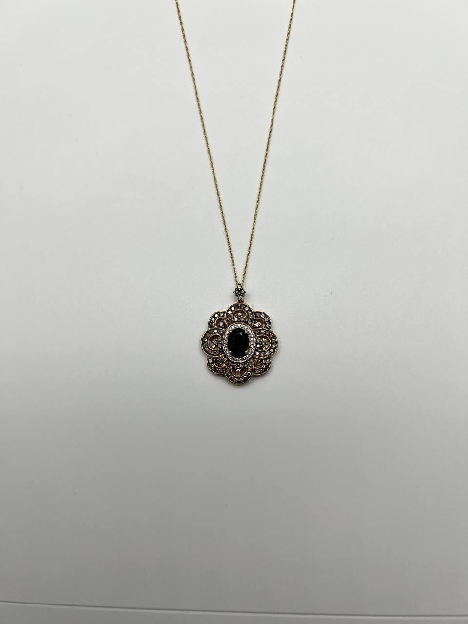 Onyx Champagne Brown Cognac Diamond Halo Floral Petal 14K Gold Pendant Necklace For Sale 3