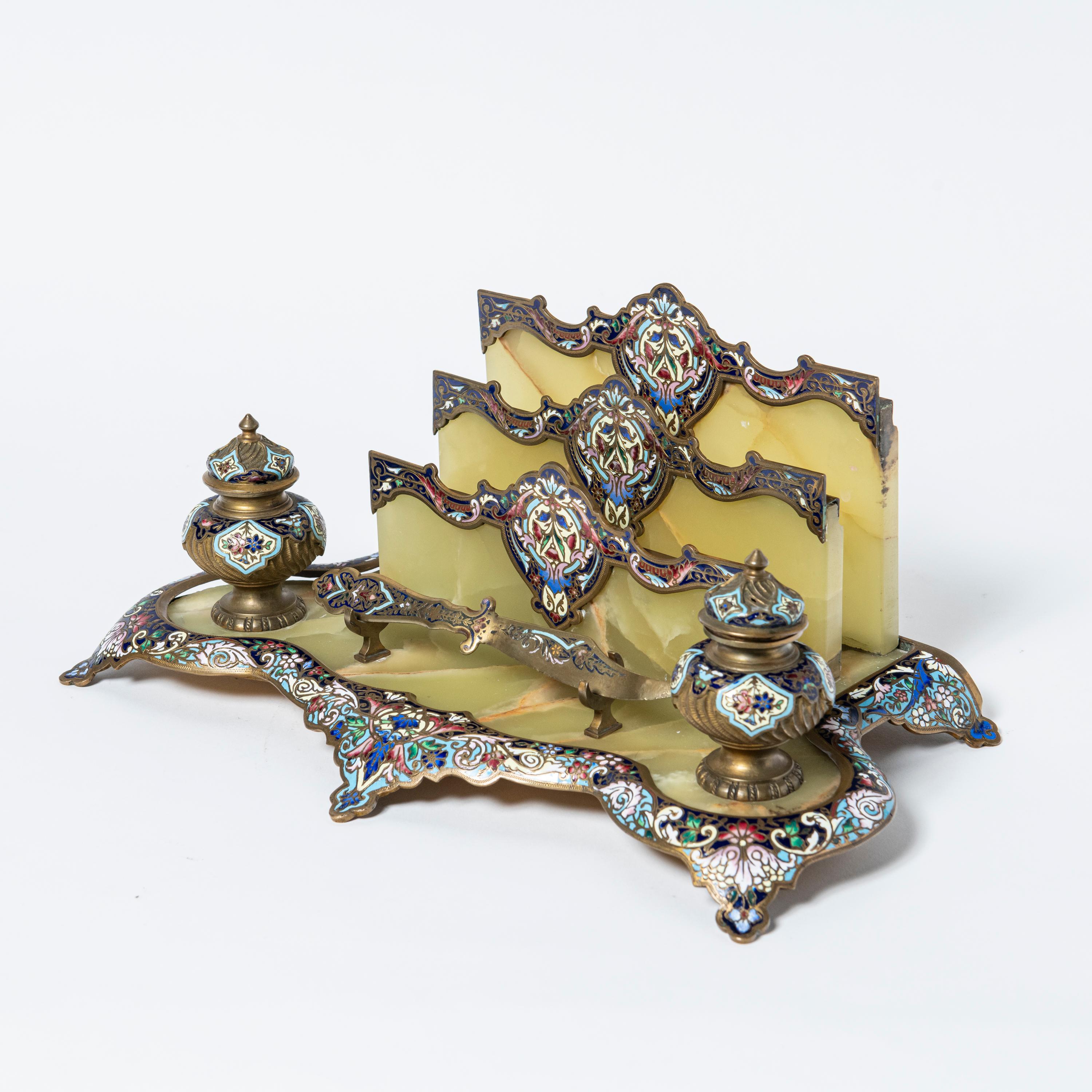 Belle Époque Onyx, Champlevé and Gilt Bronze Inkwell, France, circa 1890. For Sale