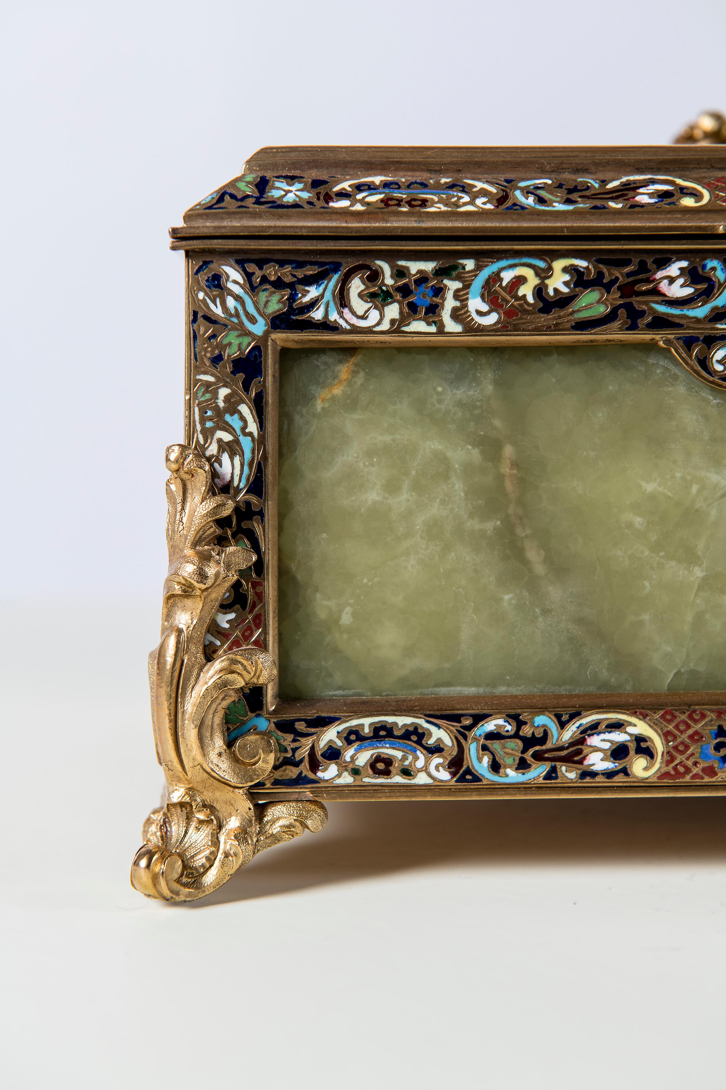 Onyx, champlevé and gilt bronze jewelry box. Louis XV style, France, circa 1890.