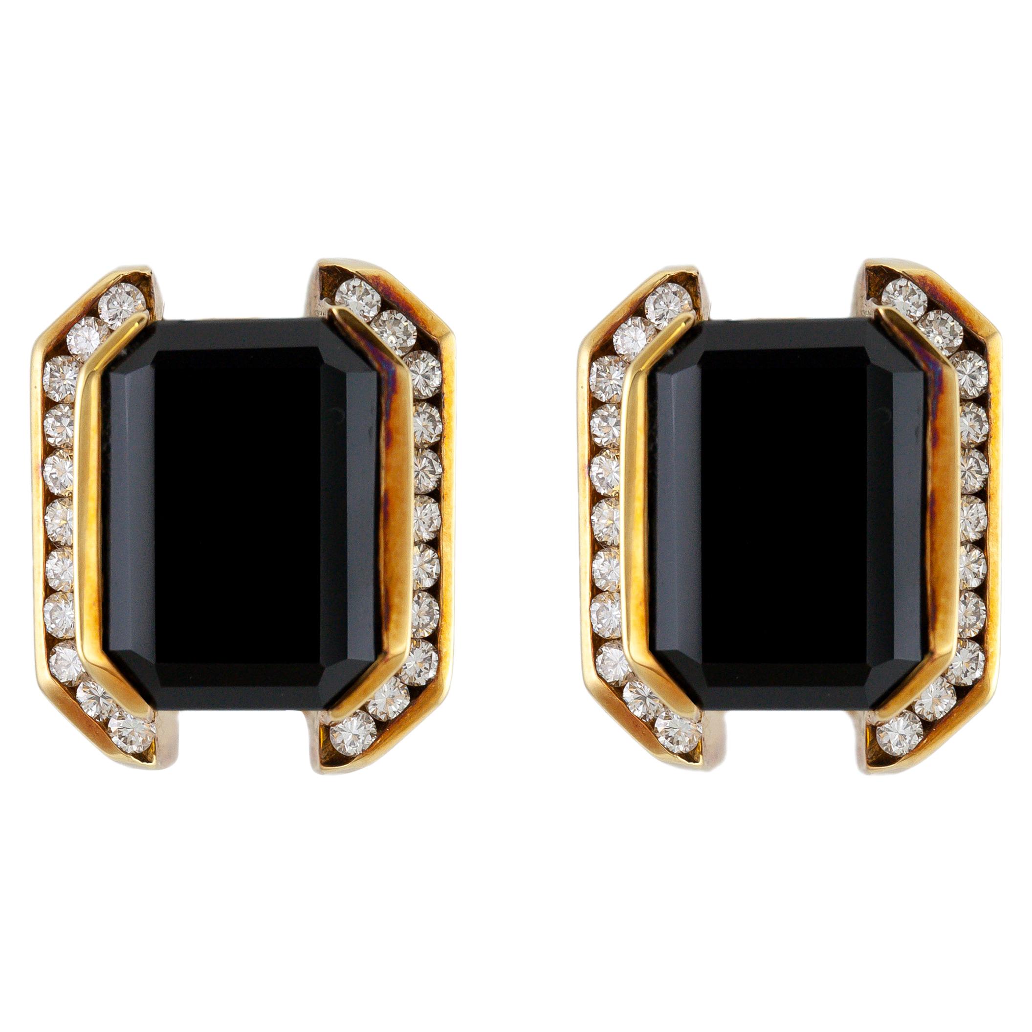 Onyx Clip-On Earrings with Diamonds For Sale