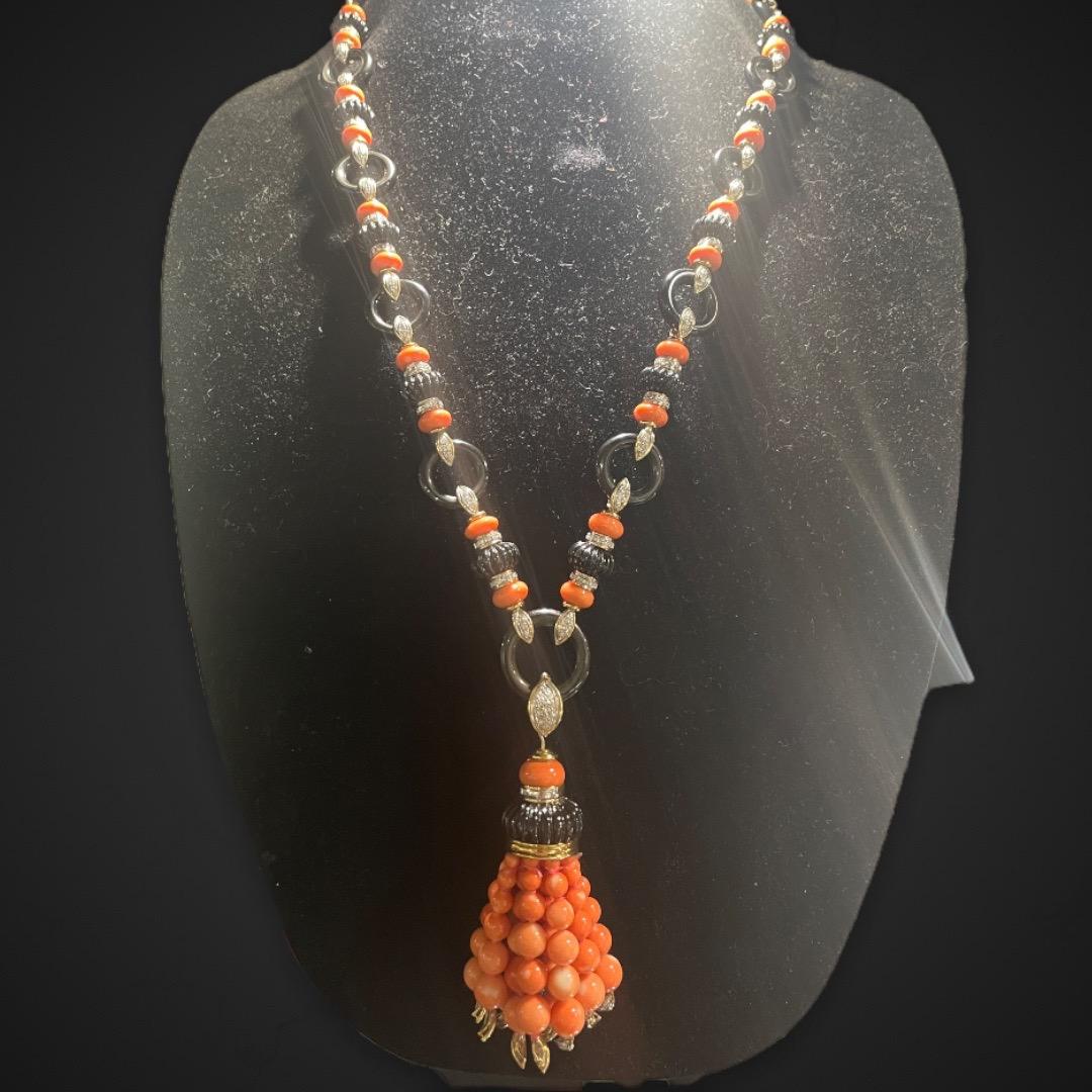 Women's Onyx, Coral and Diamond Necklace