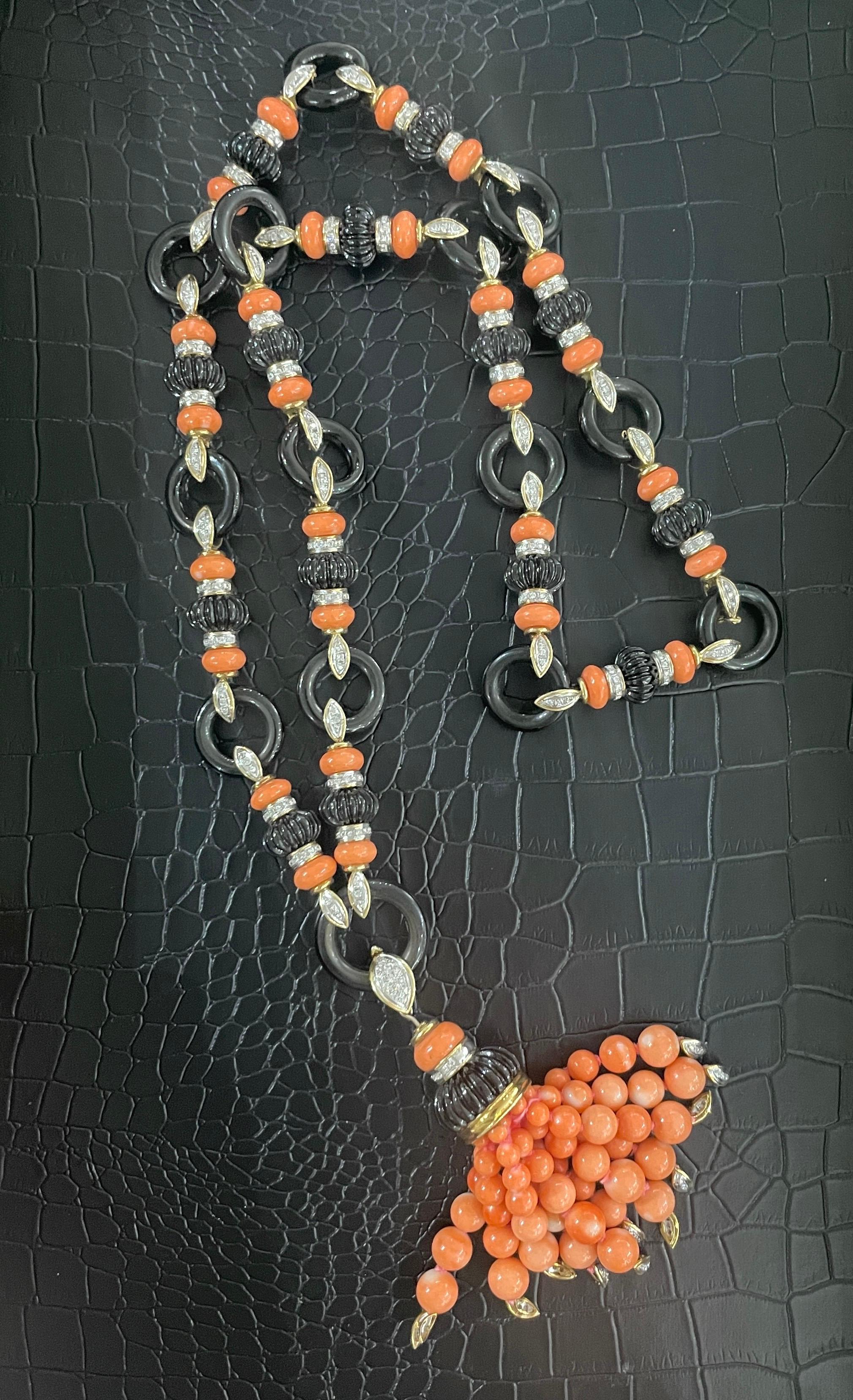 Onyx, Coral and Diamond Necklace 3