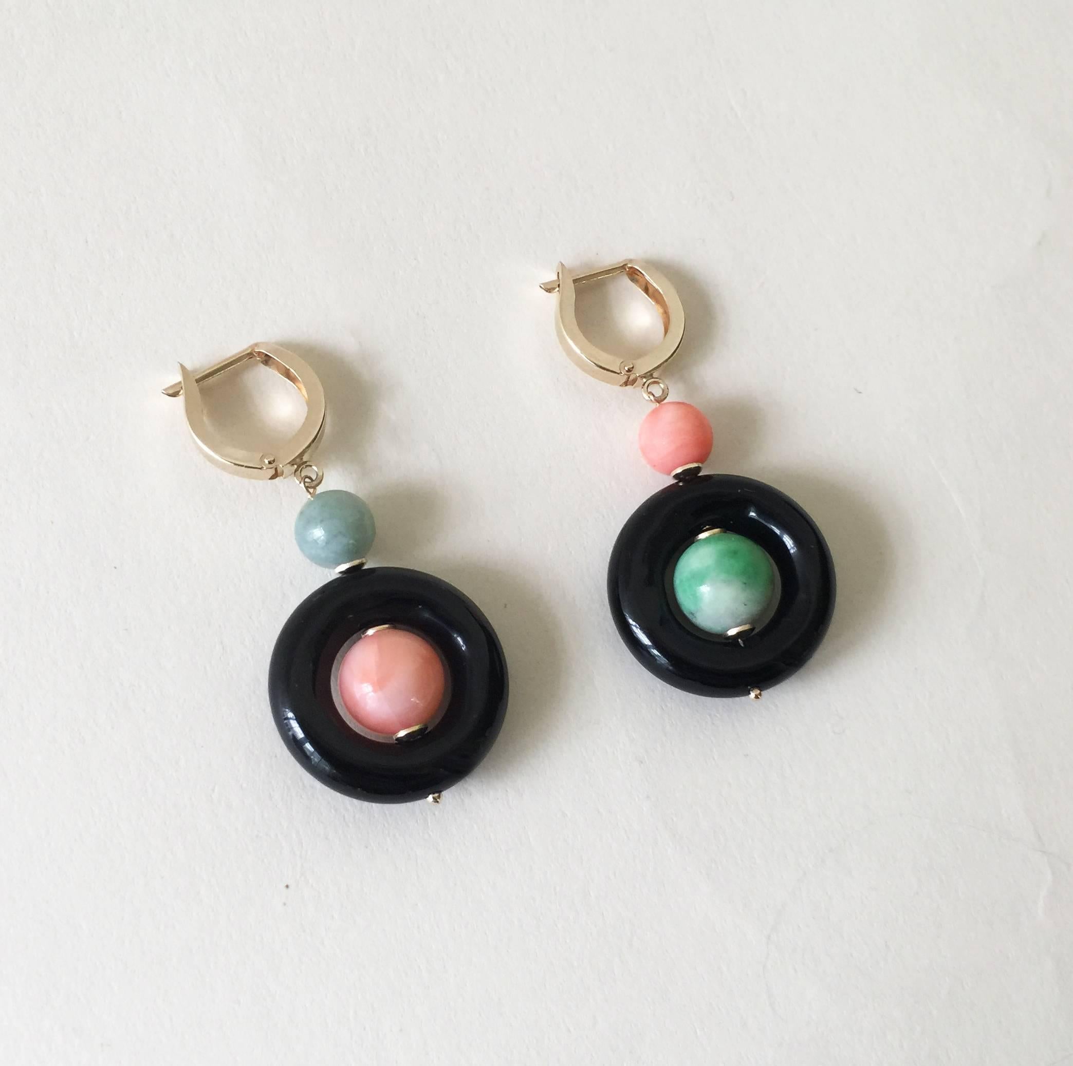 Artist Onyx, Coral, and Jade Earrings with 14k Gold Wiring and Lever Backs by Marina J.