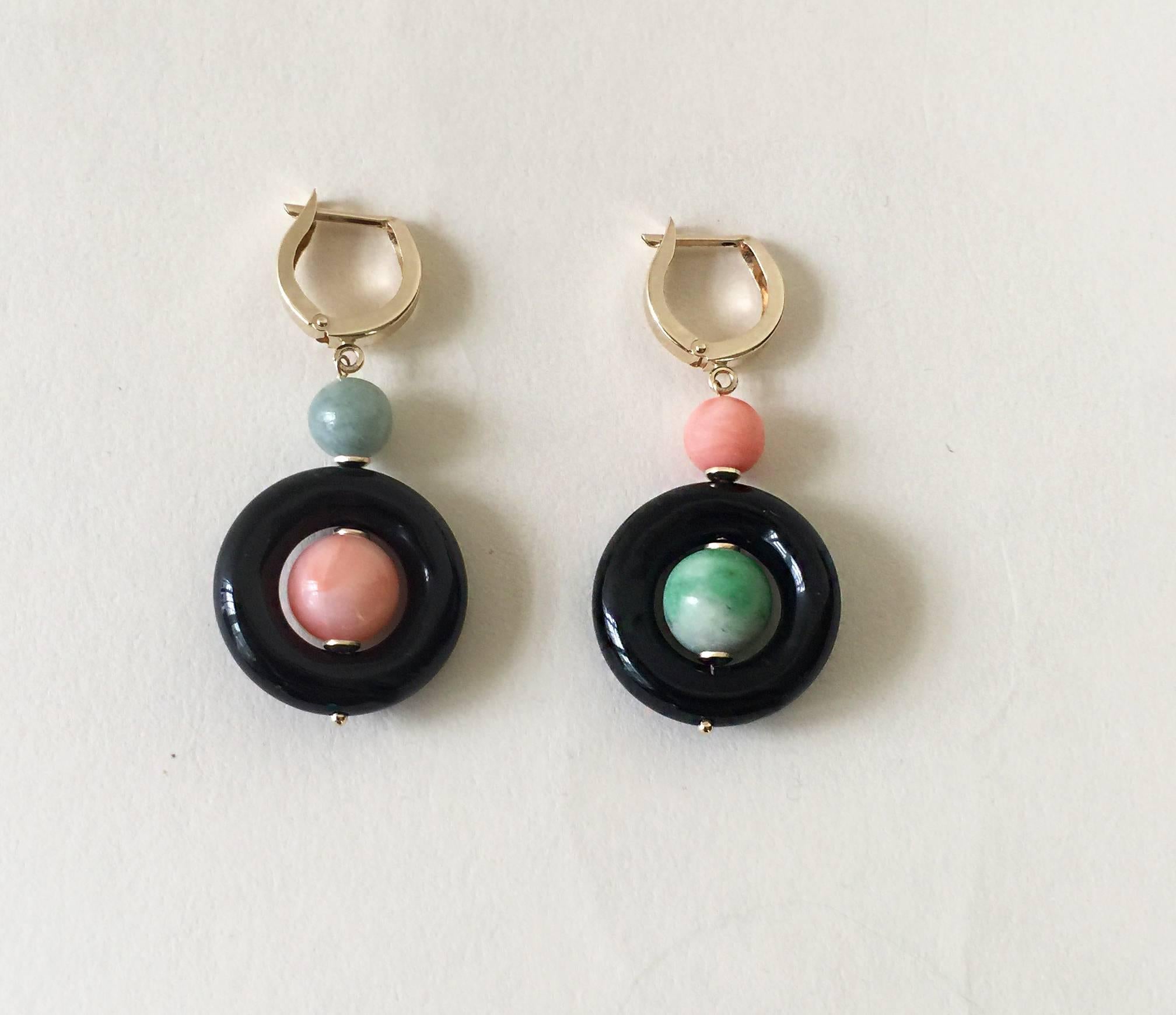 Onyx, Coral, and Jade Earrings with 14k Gold Wiring and Lever Backs by Marina J. In New Condition In Los Angeles, CA