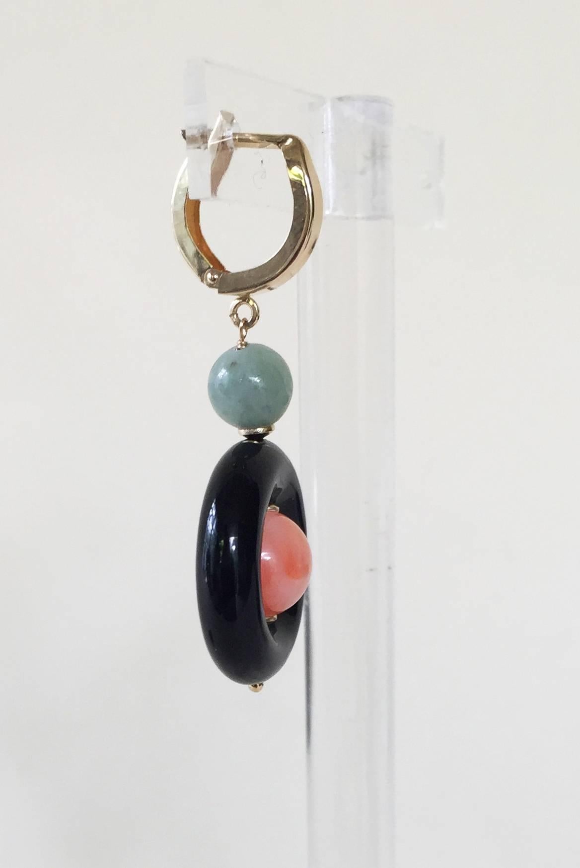 Women's Onyx, Coral, and Jade Earrings with 14k Gold Wiring and Lever Backs by Marina J.