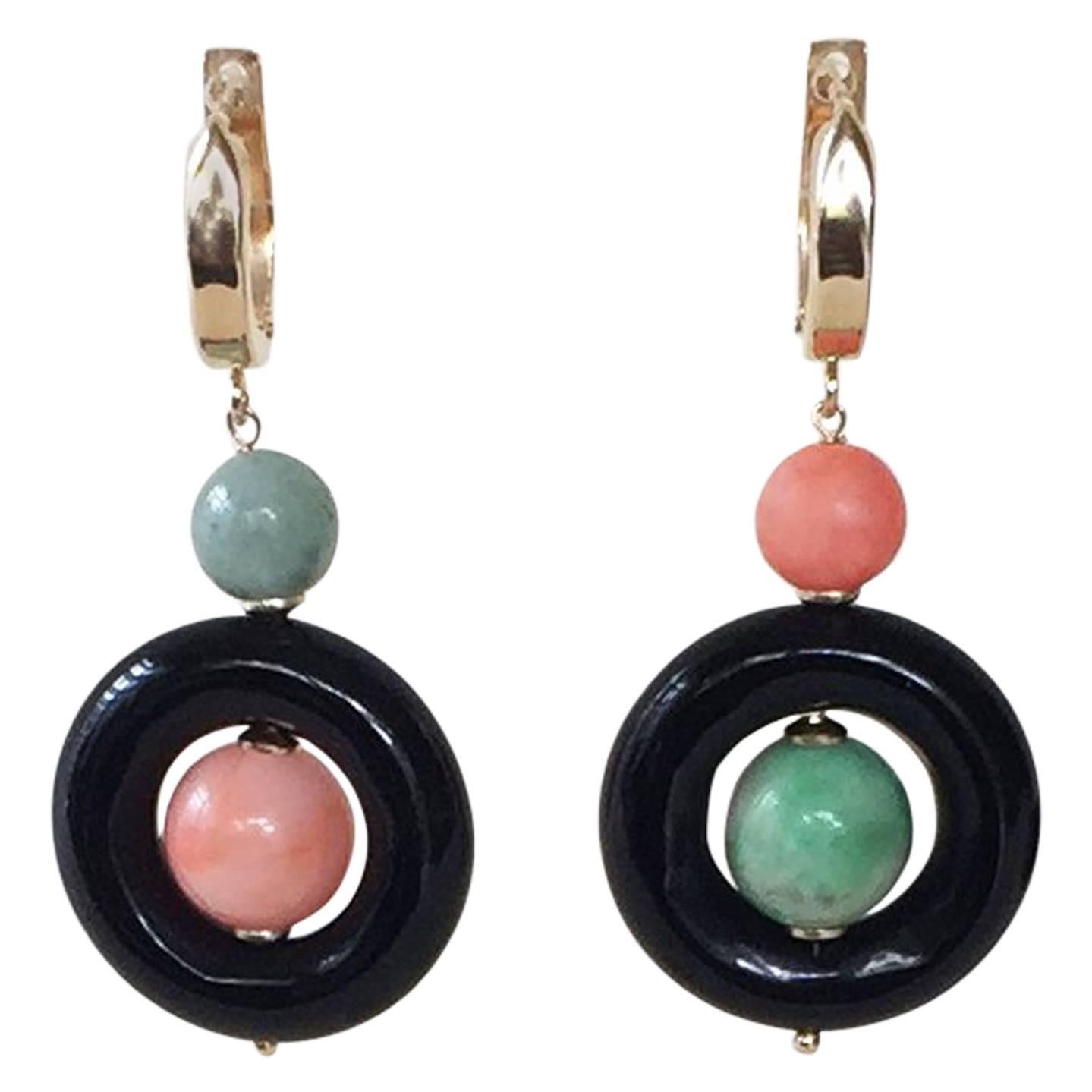 Onyx, Coral, and Jade Earrings with 14k Gold Wiring and Lever Backs by Marina J.