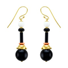 Onyx and White Agate 18 Karat Gold Drop Earrings