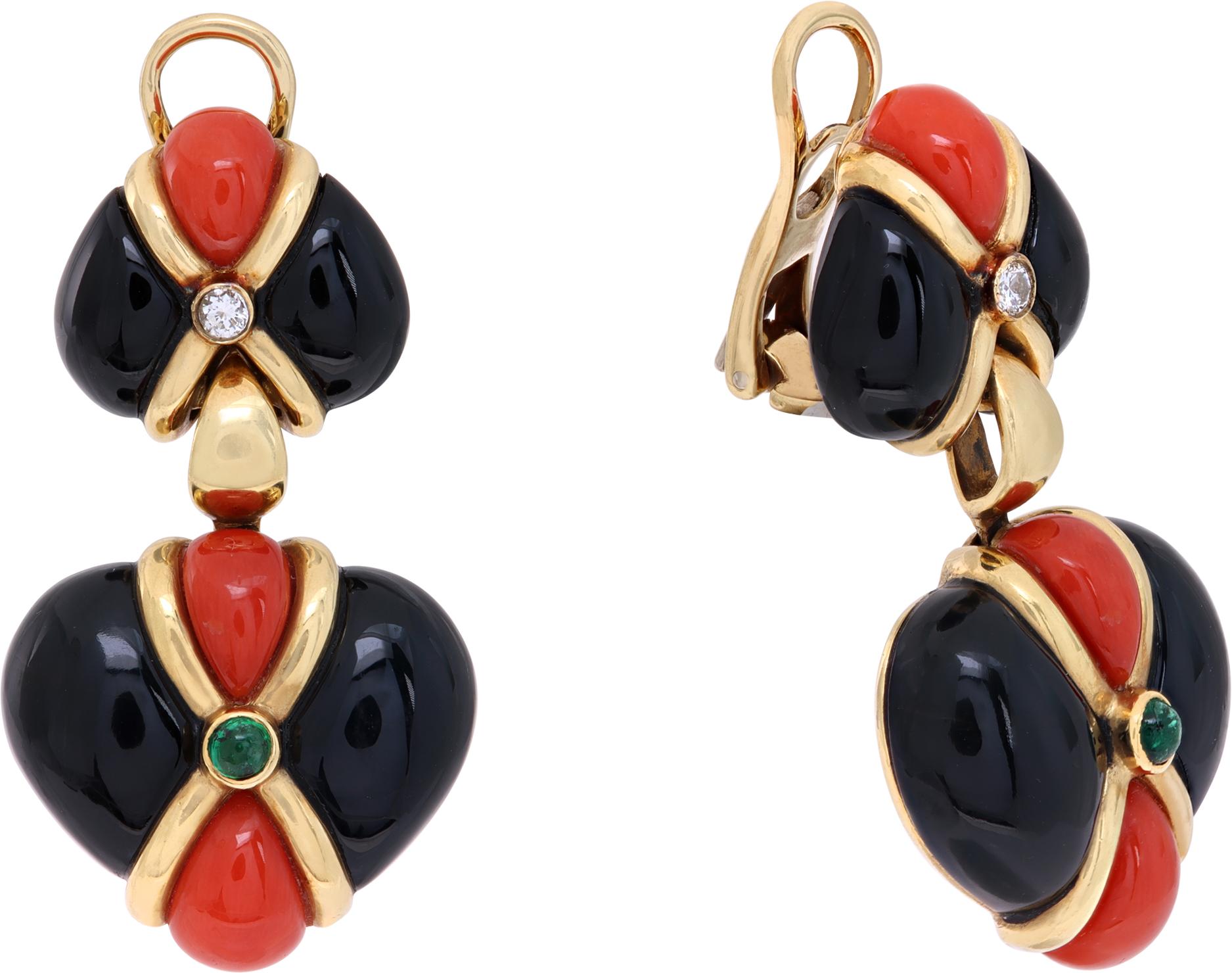 Onyx & Coral dangling earrings in 18k yellow gold with cabochon emeralds and diamonds. Omega Clip-on earrings (posts can be add upon request). Hanging length 1.62 inches.
