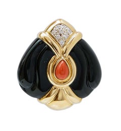 Onyx, Coral, Diamonds, 18 Karat Yellow Gold Earrings.