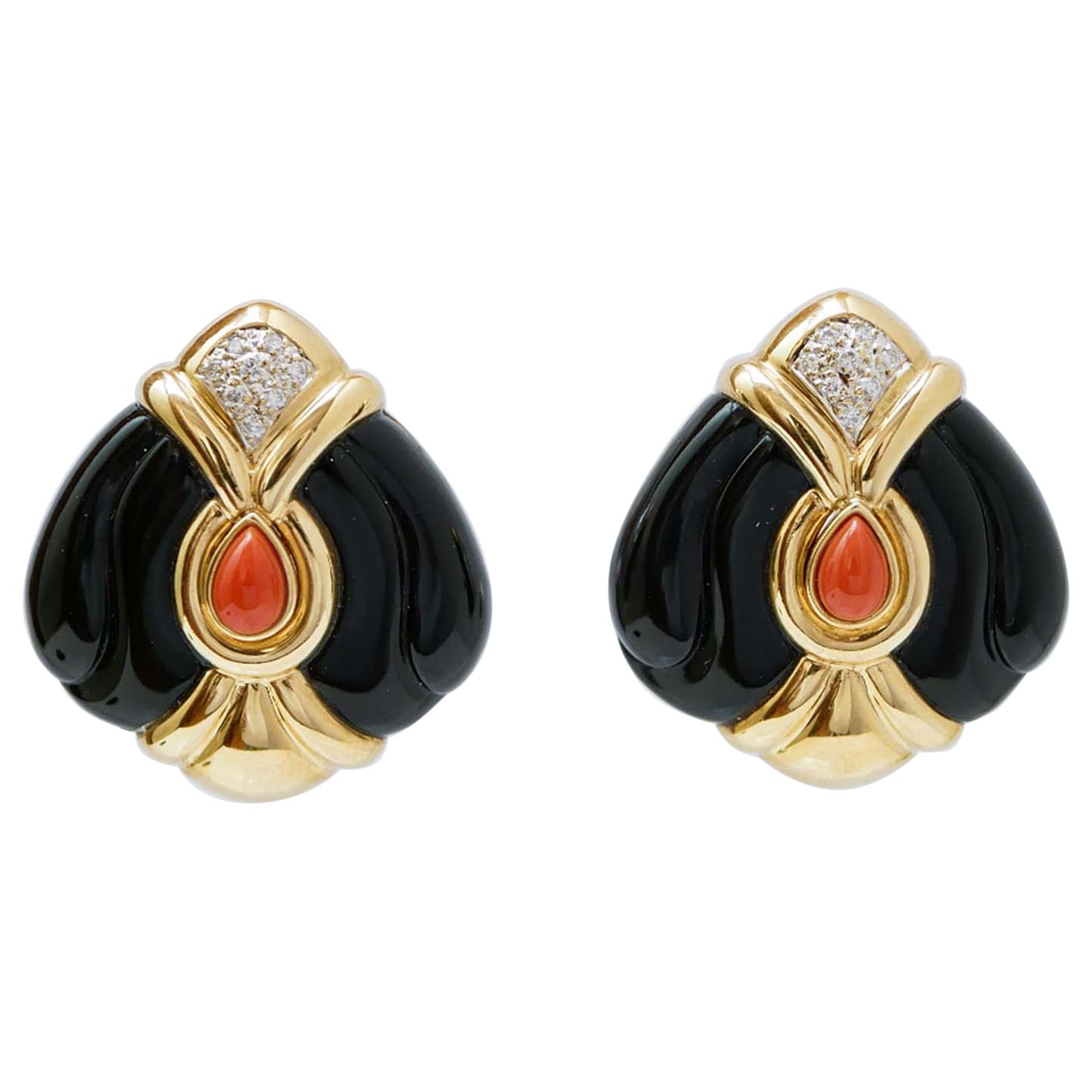 Onyx, Coral, Diamonds, 18 Karat Yellow Gold Earrings. For Sale