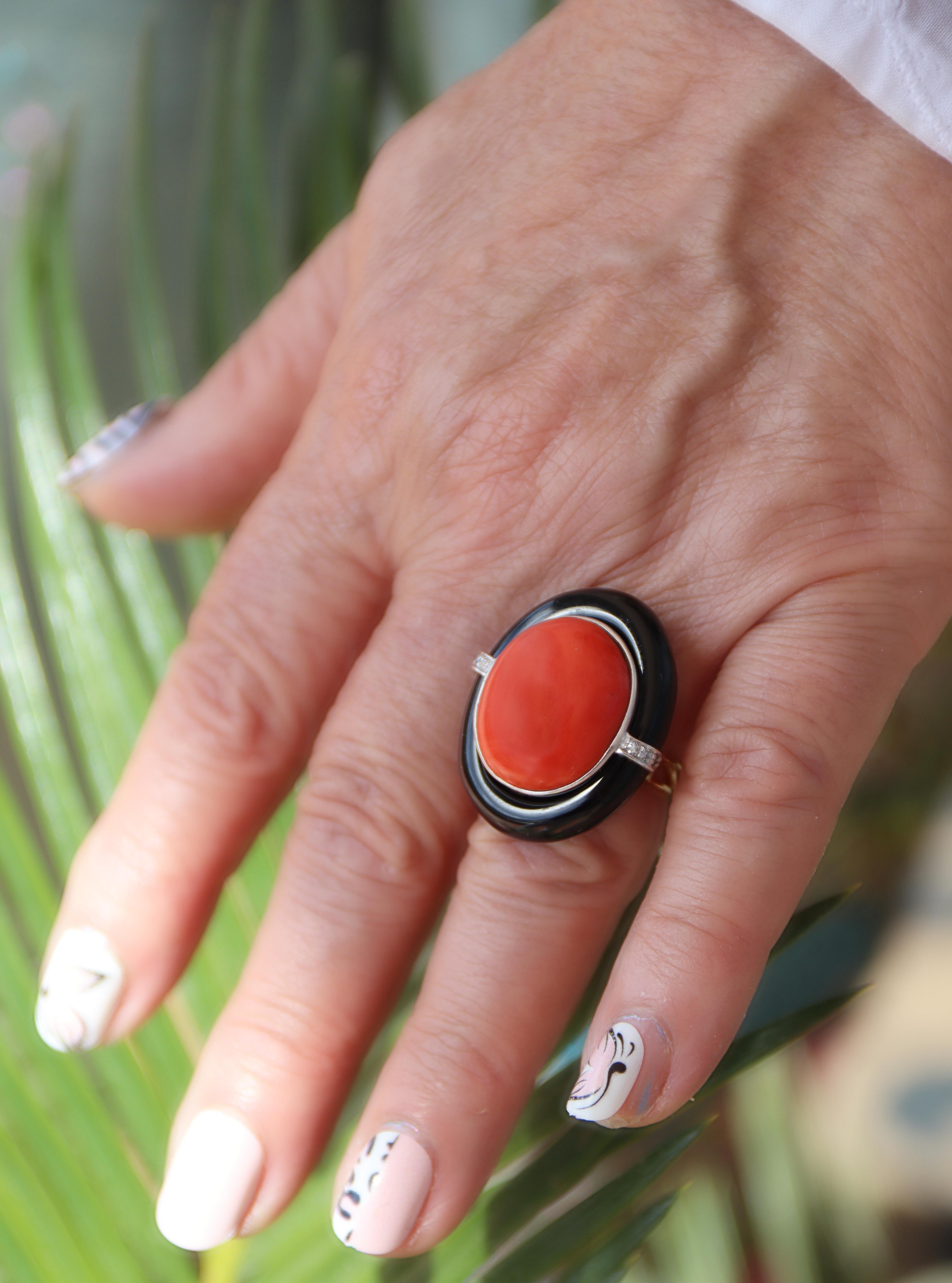Onyx Corail, Diamants Or jaune blanc 18 Kt Bague Cocktail Art Decò en vente 4