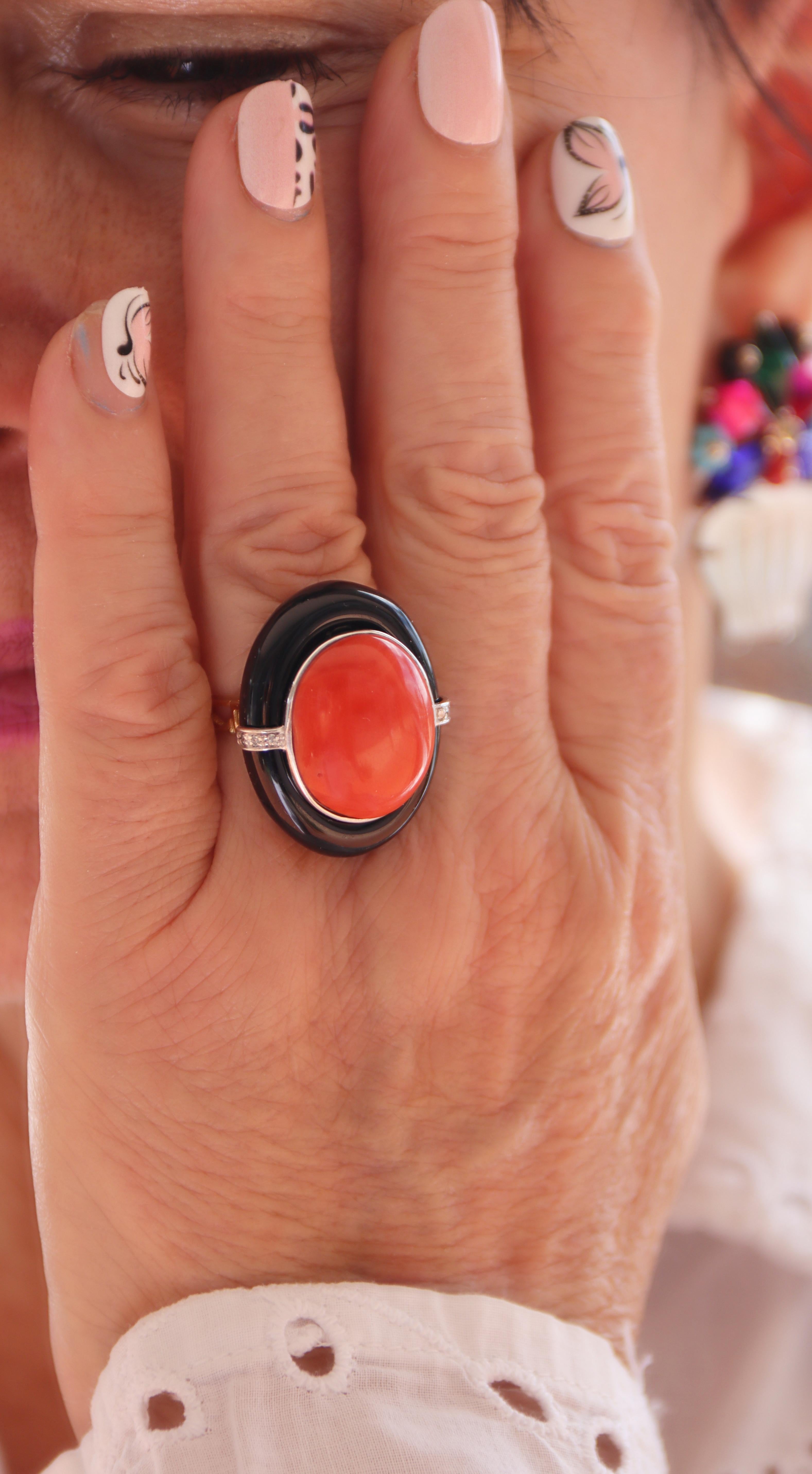 Onyx Corail, Diamants Or jaune blanc 18 Kt Bague Cocktail Art Decò en vente 2