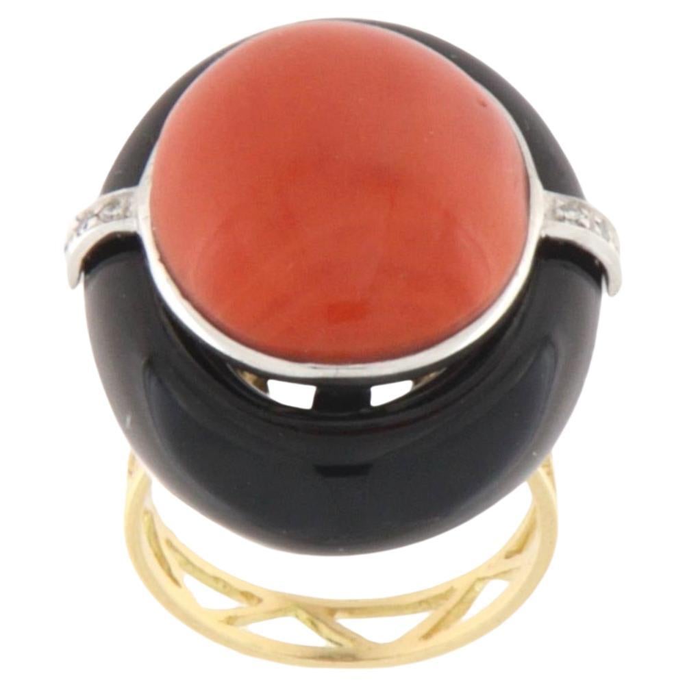 Onyx Corail, Diamants Or jaune blanc 18 Kt Bague Cocktail Art Decò en vente