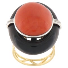 Onyx Corail, Diamants Or jaune blanc 18 Kt Bague Cocktail Art Decò