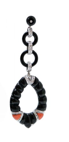 Onyx, Coral, Diamonds, Platinum Earrings.