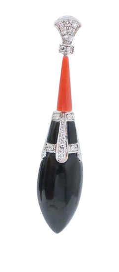 Onyx, Coral, Diamonds, Platinum Earrings.