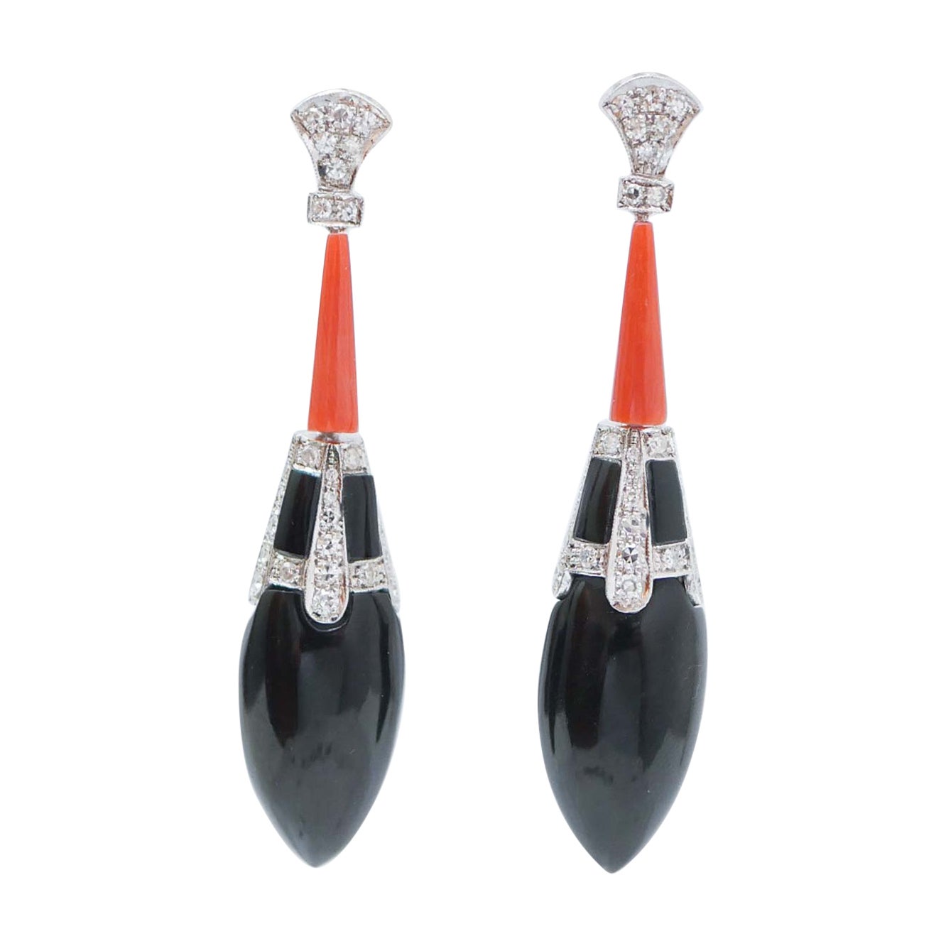 Onyx, Coral, Diamonds, Platinum Earrings.