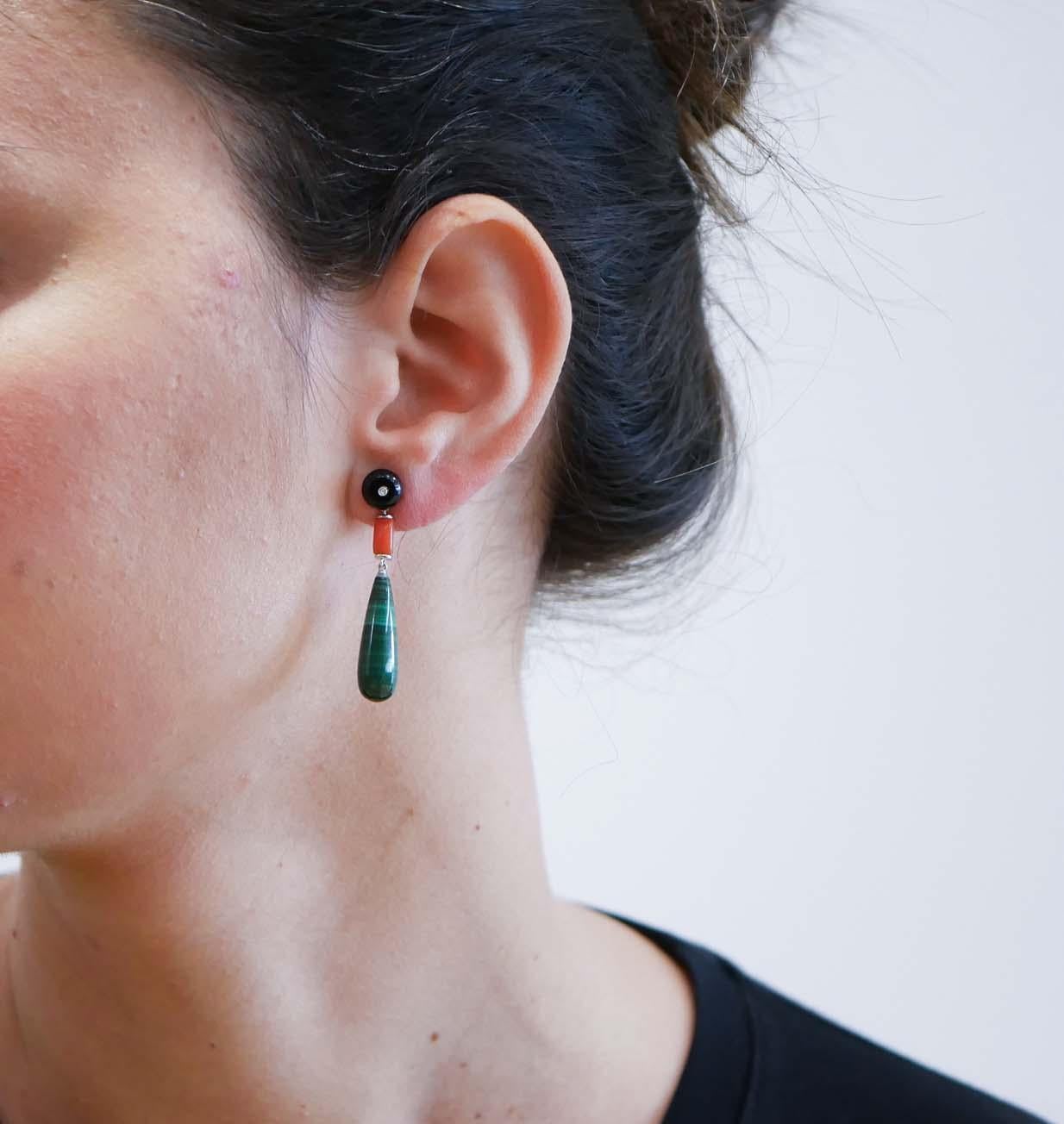 Mixed Cut Onyx, Coral, Malakite, Diamonds, Platinum Earrings. For Sale