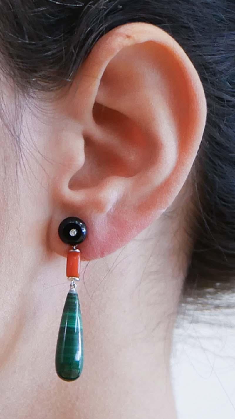 Onyx, Coral, Malakite, Diamonds, Platinum Earrings. In New Condition For Sale In Marcianise, Marcianise (CE)