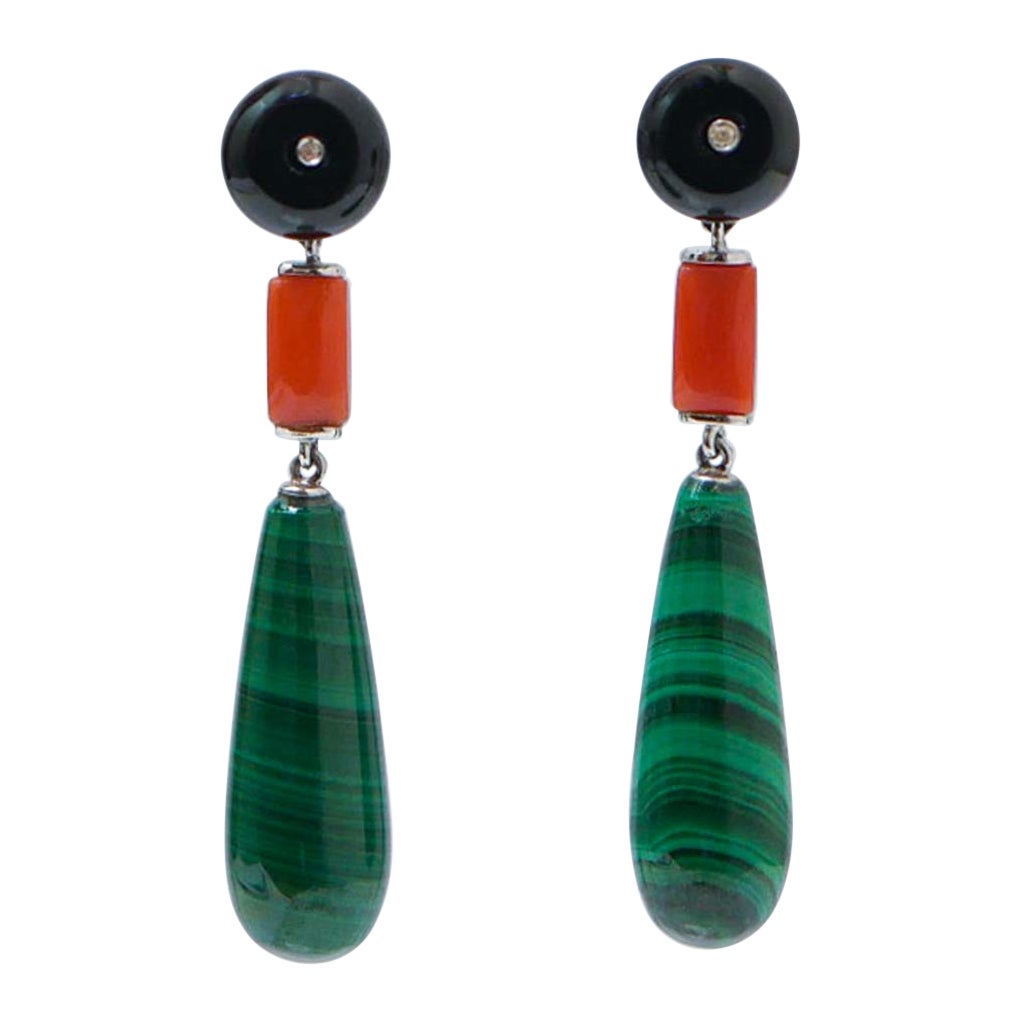 Onyx, Coral, Malakite, Diamonds, Platinum Earrings.