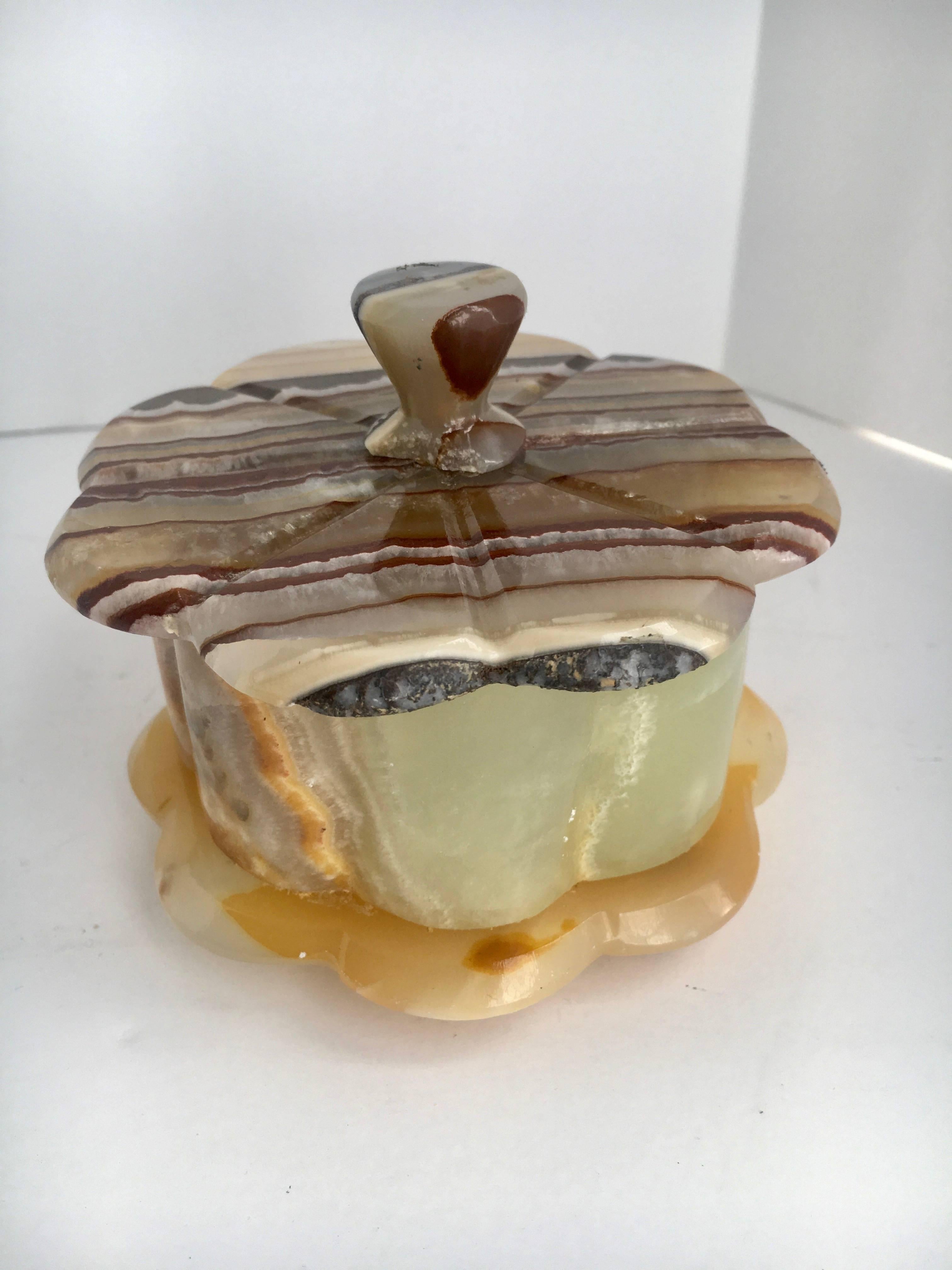 20th Century Onyx Covered Container with Scalloped Body and Lid Detail